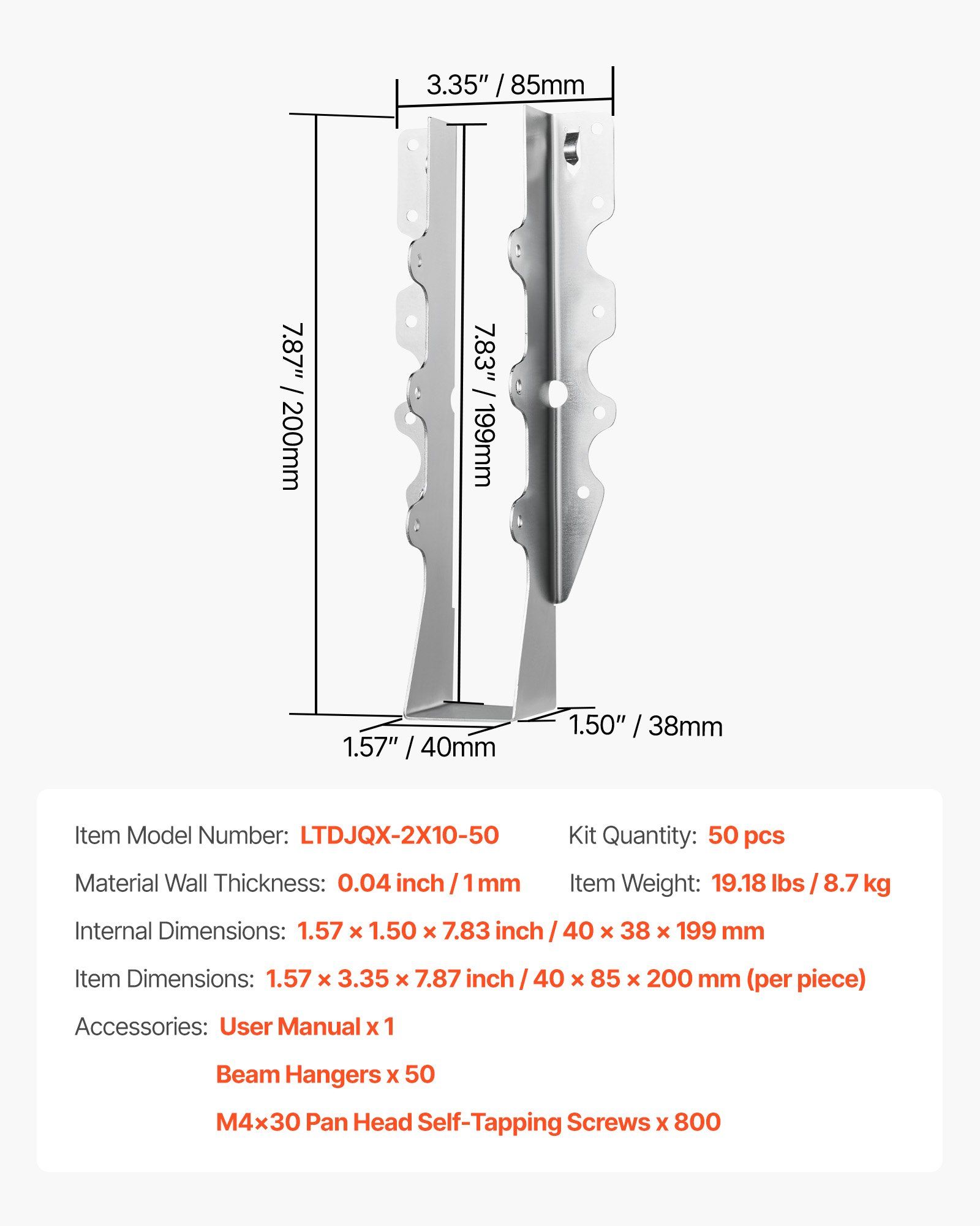 50 Pcs Joist Hanger, Inner Dimensions 1.57 x 1.50 x 7.83 inch / 40 x 38 x 199 mm, Rafter Hurricane Ties Joist Hangers with Rustproof Coating, Tie Brackets for Floor Deck and Ceiling Trusses - Image 7