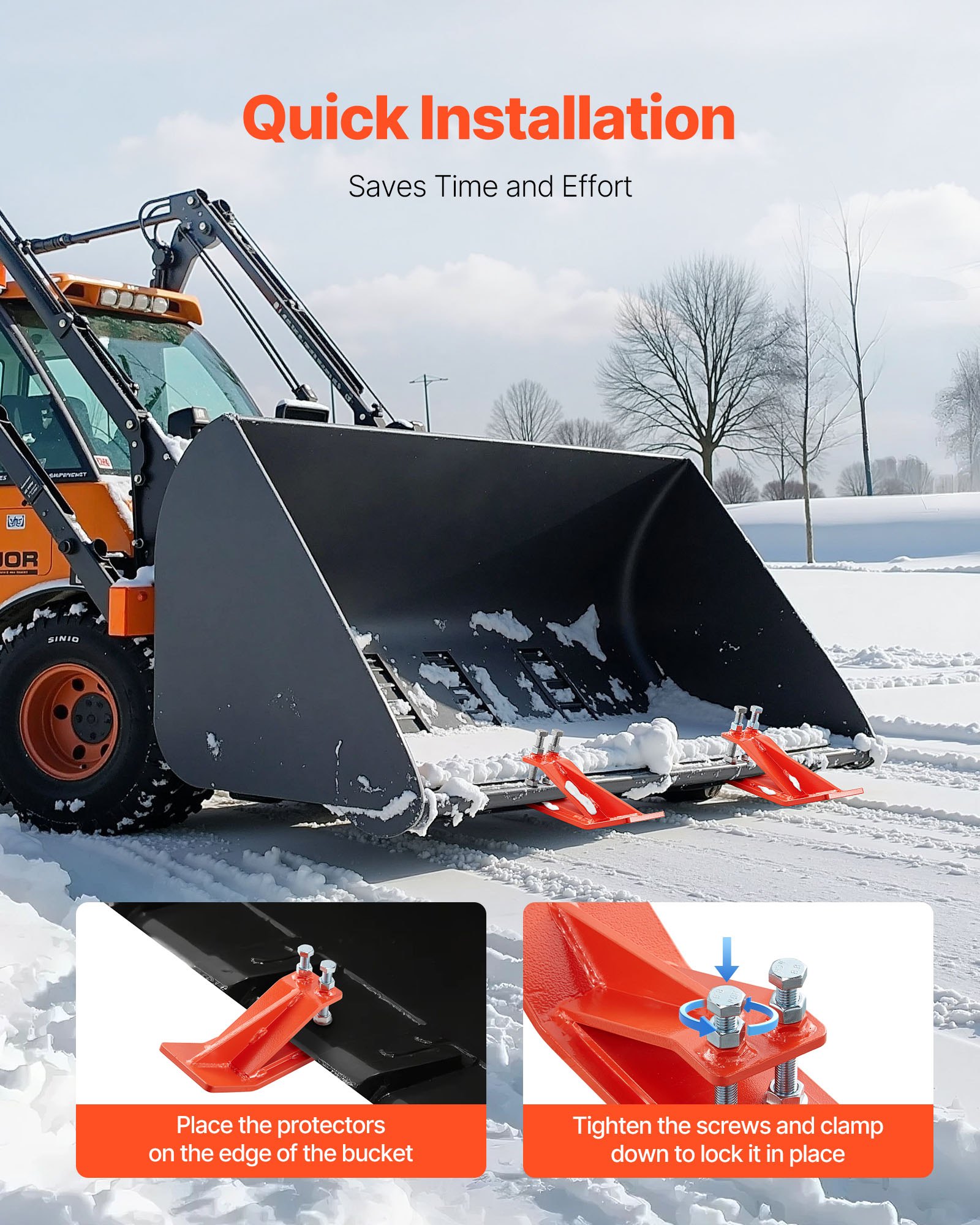 Tractor Bucket Protector, 2PCS Heavy Duty Steel Bucket Edge Protectors, Edge Tamer Anti-Skid Device with Double Hexagon Lock Nuts and Bolts, for Snow, Leave Removal & Spreading Gravel (Orange) - Image 5