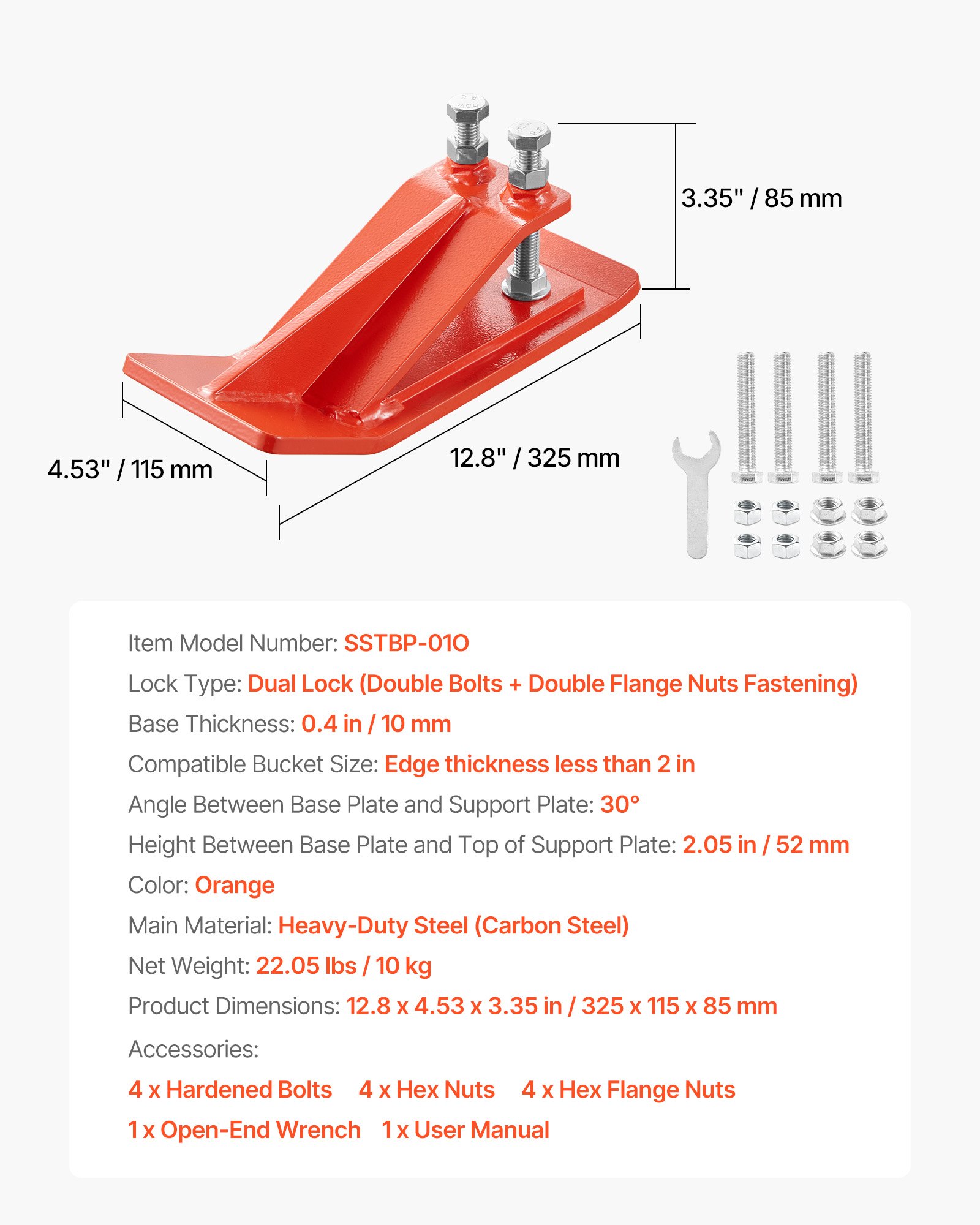Tractor Bucket Protector, 2PCS Heavy Duty Steel Bucket Edge Protectors, Edge Tamer Anti-Skid Device with Double Hexagon Lock Nuts and Bolts, for Snow, Leave Removal & Spreading Gravel (Orange) - Image 7