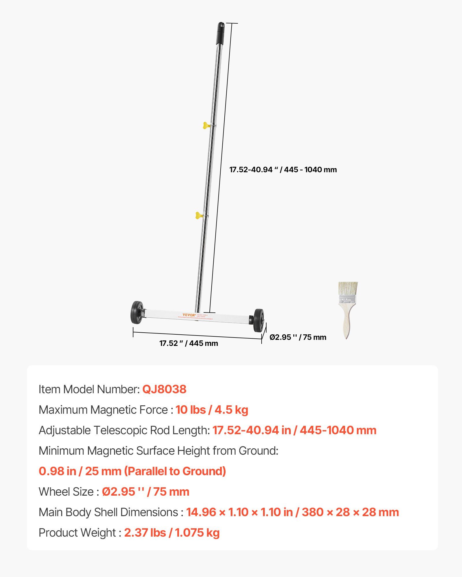 Magnetic Sweeper with Wheels, 43 cm, 4.5 kg Load Capacity, Lightweight Magnetic Pickup Sweeper with Adjustable Handle, Pick Up Nails and Screws, Easy Cleanup for Garages, Roofing Projects - Image 7