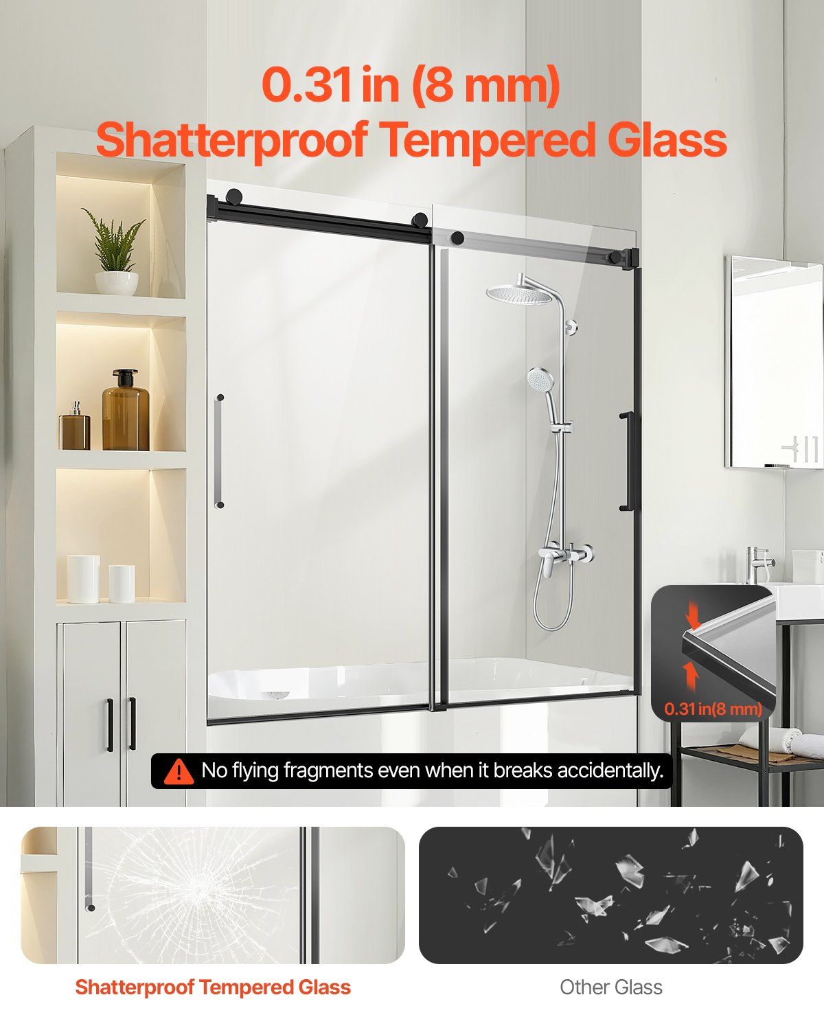 Frameless Sliding Bathtub Door, 1422-1524 mm x 1524 mm, Frameless Shower Glass Door, Frameless Double Sliding Tub Door with 5/16 in Clear Tempered Glass and Stainless Steel Handle, Black Finish - Image 2