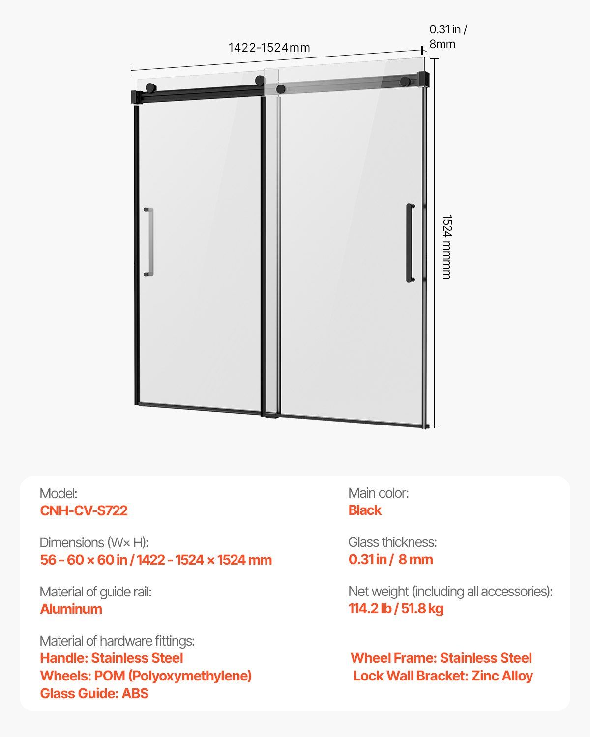 Frameless Sliding Bathtub Door, 1422-1524 mm x 1524 mm, Frameless Shower Glass Door, Frameless Double Sliding Tub Door with 5/16 in Clear Tempered Glass and Stainless Steel Handle, Black Finish - Image 7