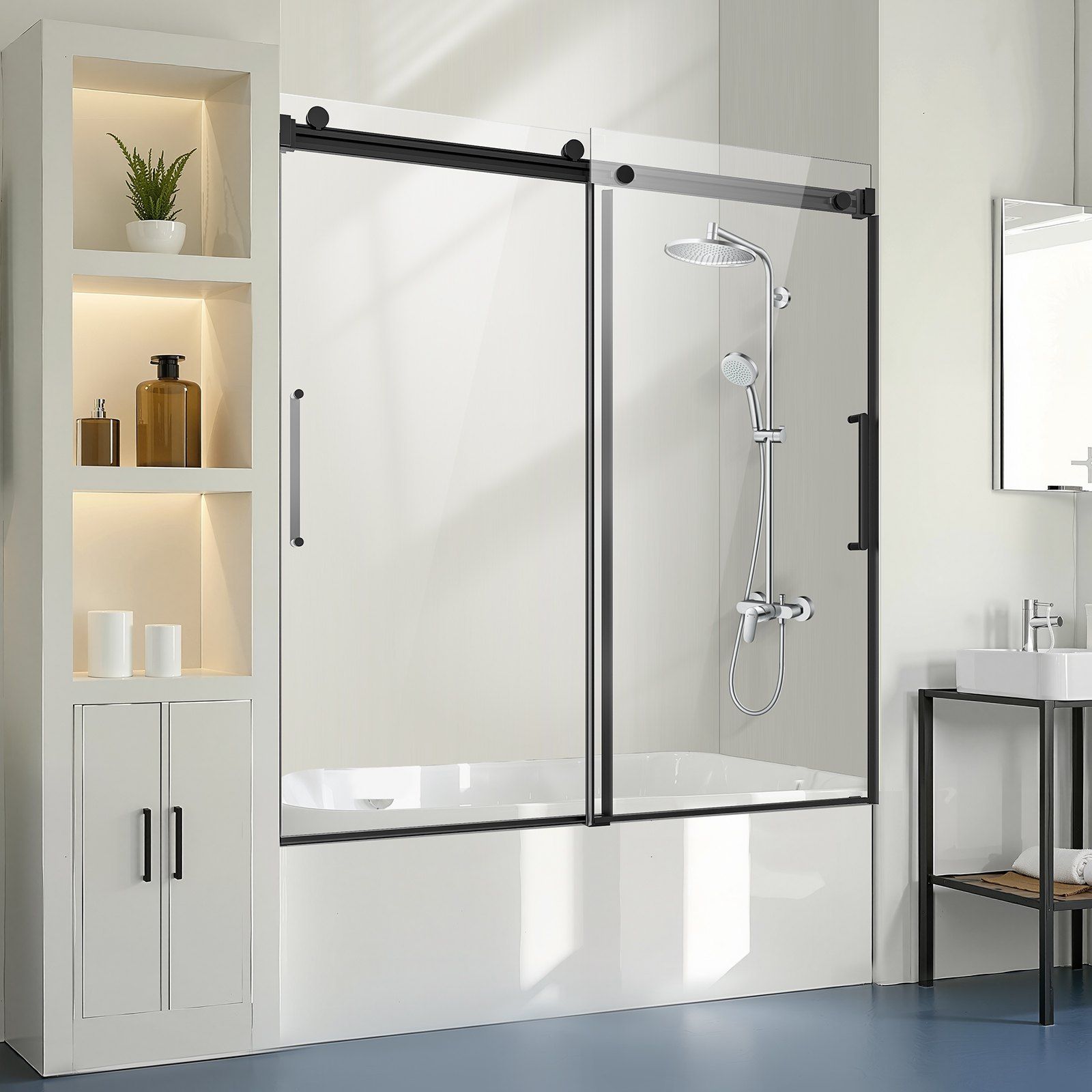 Frameless Sliding Bathtub Door, 1422-1524 mm x 1524 mm, Frameless Shower Glass Door, Frameless Double Sliding Tub Door with 5/16 in Clear Tempered Glass and Stainless Steel Handle, Black Finish - Image 8