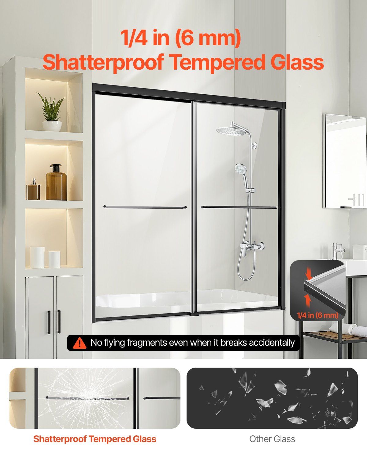Bathtub Shower Door, 1422-1524 mm x 1524 mm, Semi-Frameless Double Sliding Tub Door, Semi-Frameless Bypass Tub Door with 1/4 in Shatterproof Tempered Glass and Stainless Steel Handle, Black - Image 2