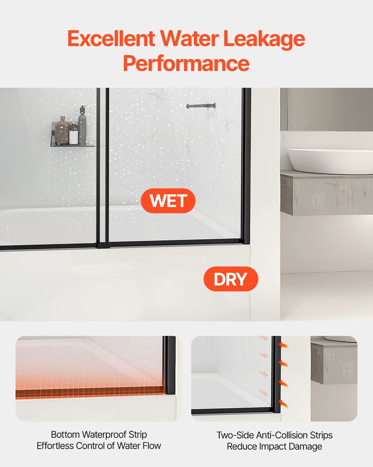 Bathtub Shower Door, 1422-1524 mm x 1524 mm, Semi-Frameless Double Sliding Tub Door, Semi-Frameless Bypass Tub Door with 1/4 in Shatterproof Tempered Glass and Stainless Steel Handle, Black - Image 5