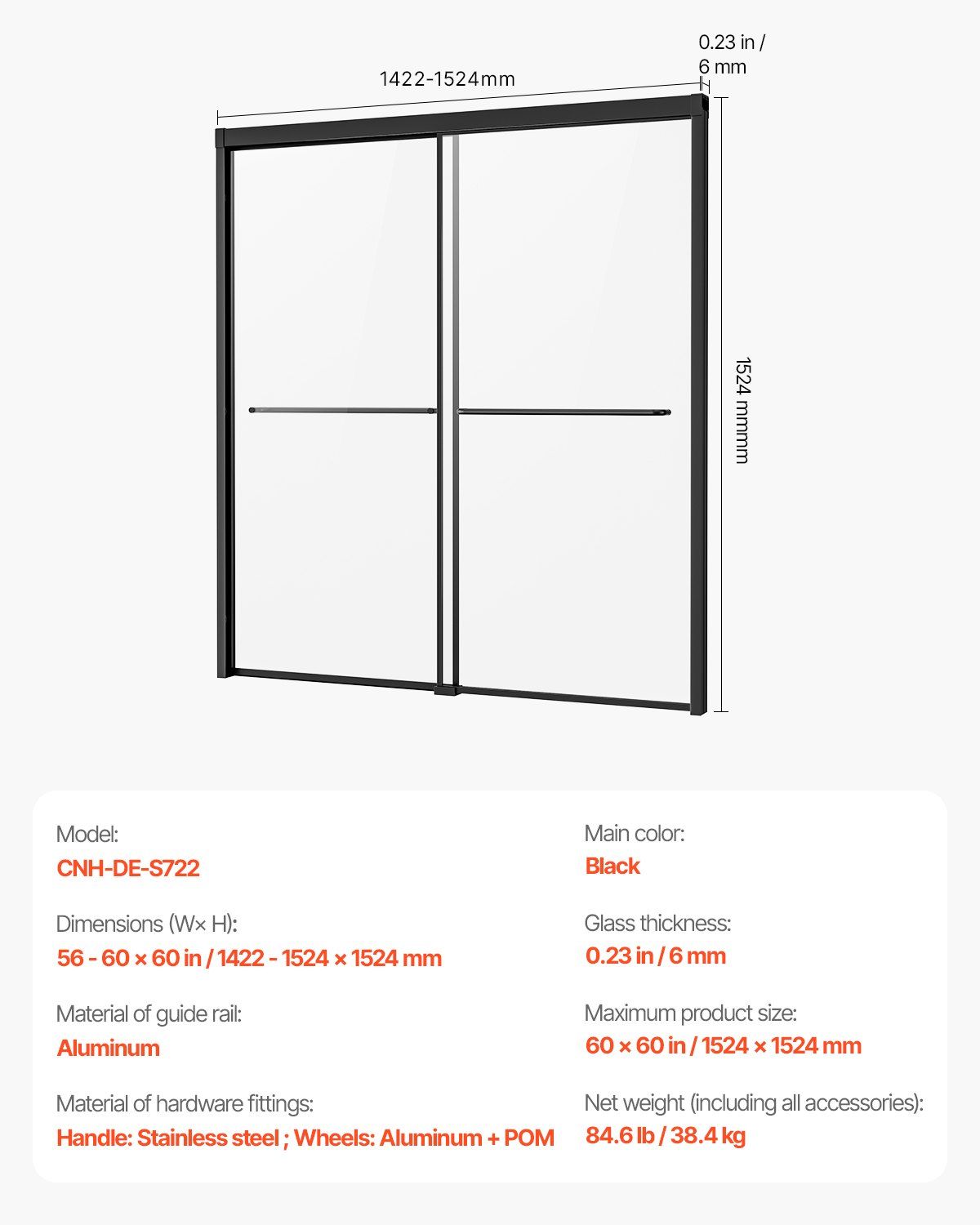 Bathtub Shower Door, 1422-1524 mm x 1524 mm, Semi-Frameless Double Sliding Tub Door, Semi-Frameless Bypass Tub Door with 1/4 in Shatterproof Tempered Glass and Stainless Steel Handle, Black - Image 7