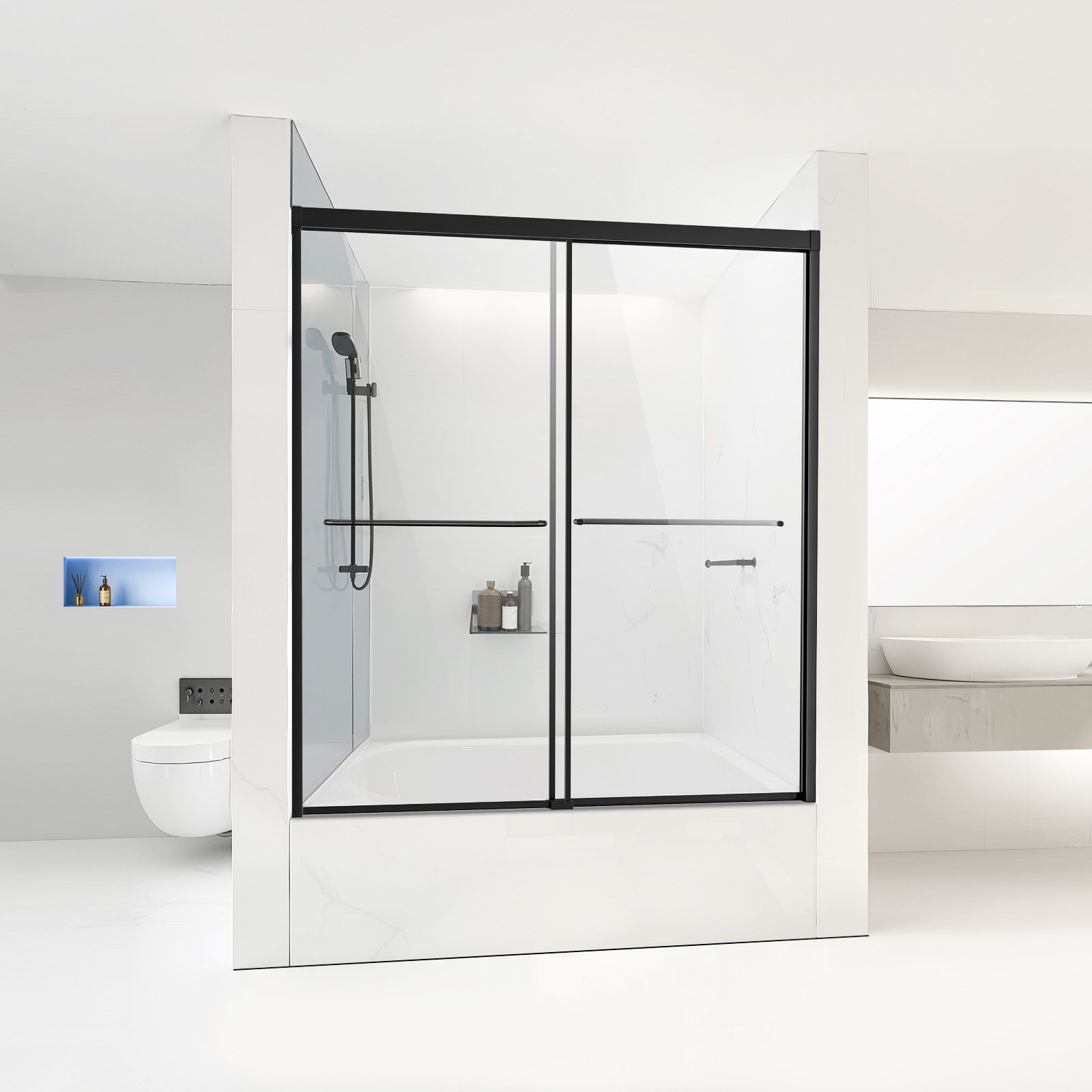 Bathtub Shower Door, 1422-1524 mm x 1524 mm, Semi-Frameless Double Sliding Tub Door, Semi-Frameless Bypass Tub Door with 1/4 in Shatterproof Tempered Glass and Stainless Steel Handle, Black - Image 8