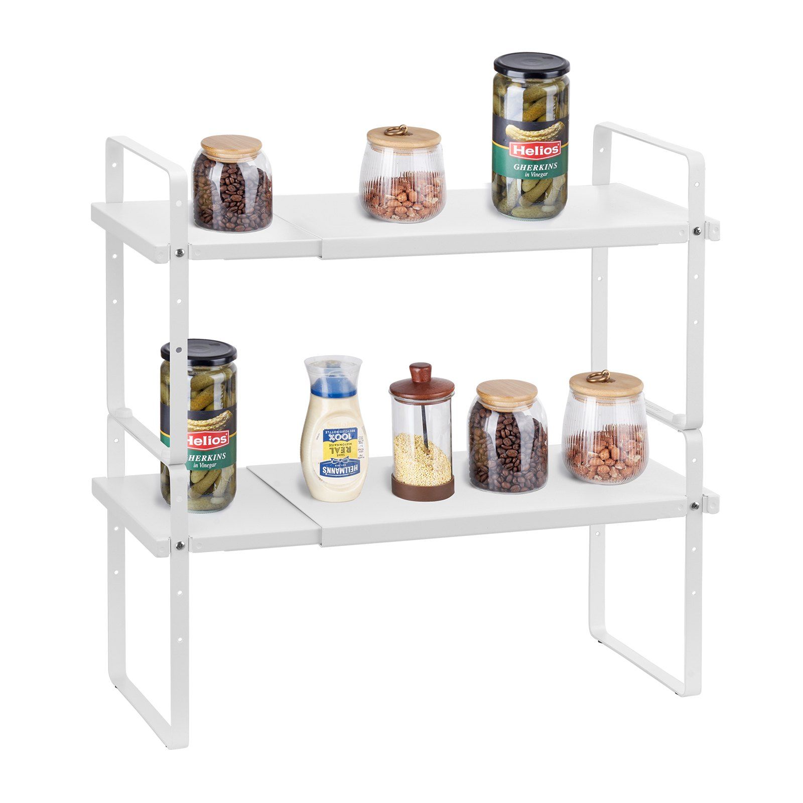 Adjustable Kitchen Cabinet Shelf Organizer, Expandable 2 Tier Cabinet Shelf, Stackable Countertop Organizers and Storage Shelf Risers, Pantry Organizers for Kitchen Bathroom Office, White - Image 1