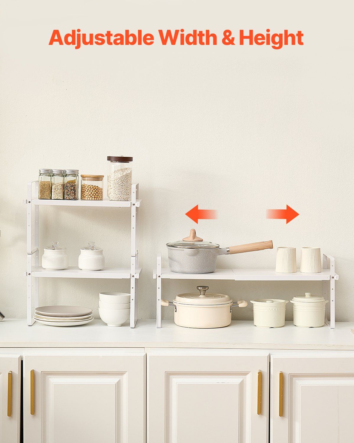 Adjustable Kitchen Cabinet Shelf Organizer, Expandable 2 Tier Cabinet Shelf, Stackable Countertop Organizers and Storage Shelf Risers, Pantry Organizers for Kitchen Bathroom Office, White - Image 3