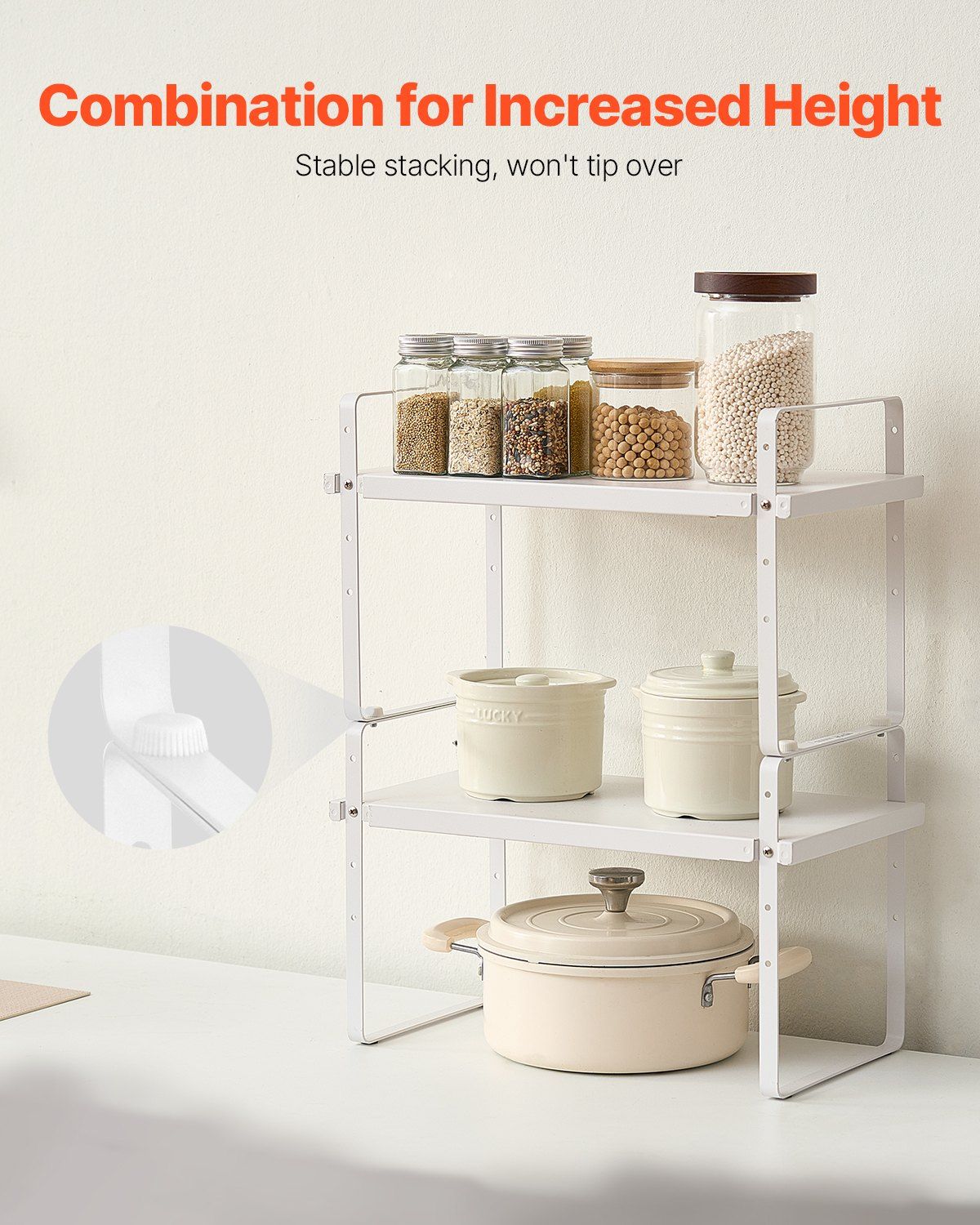 Adjustable Kitchen Cabinet Shelf Organizer, Expandable 2 Tier Cabinet Shelf, Stackable Countertop Organizers and Storage Shelf Risers, Pantry Organizers for Kitchen Bathroom Office, White - Image 4