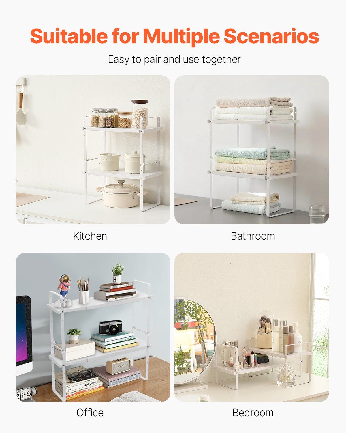 Adjustable Kitchen Cabinet Shelf Organizer, Expandable 2 Tier Cabinet Shelf, Stackable Countertop Organizers and Storage Shelf Risers, Pantry Organizers for Kitchen Bathroom Office, White - Image 6