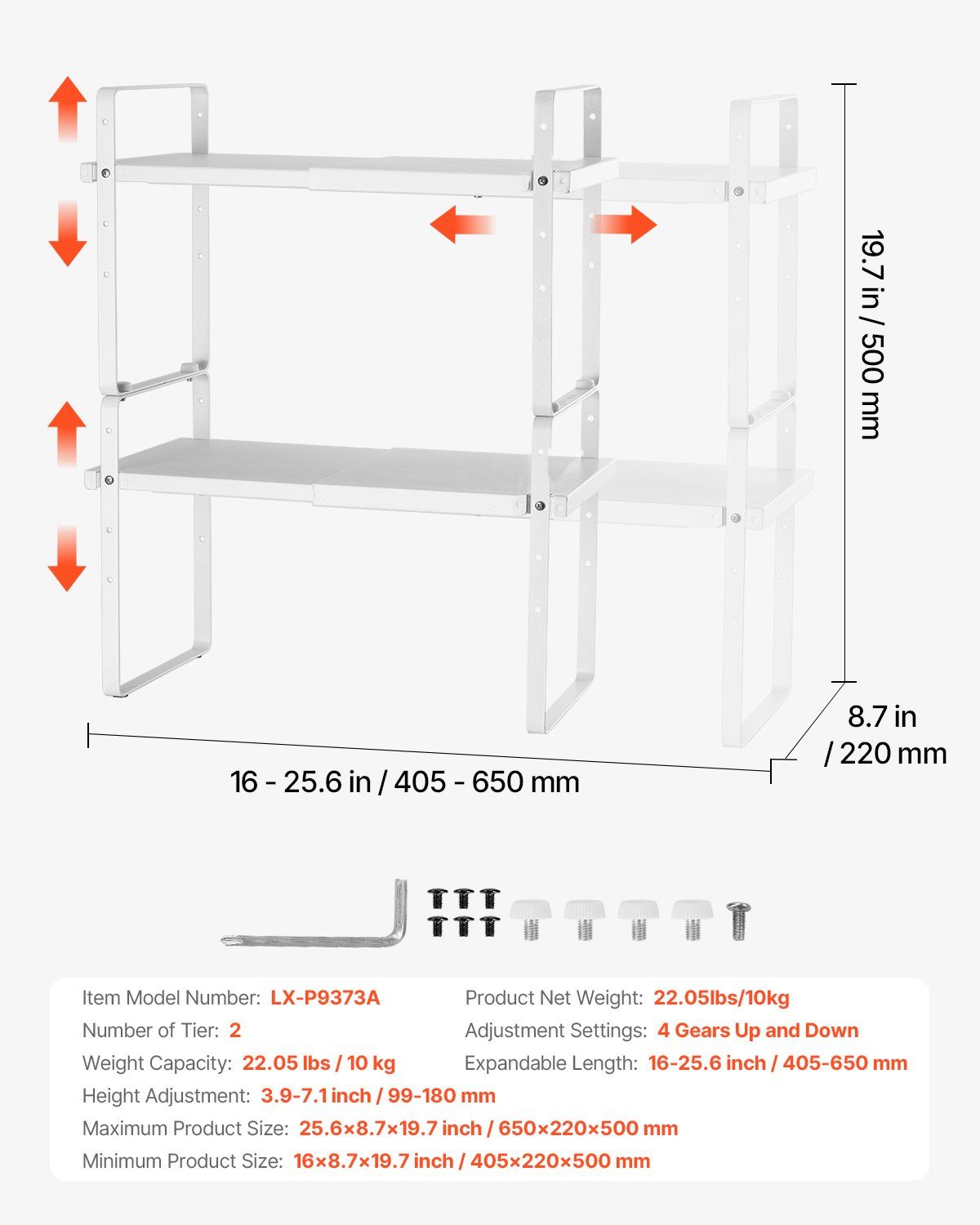 Adjustable Kitchen Cabinet Shelf Organizer, Expandable 2 Tier Cabinet Shelf, Stackable Countertop Organizers and Storage Shelf Risers, Pantry Organizers for Kitchen Bathroom Office, White - Image 7