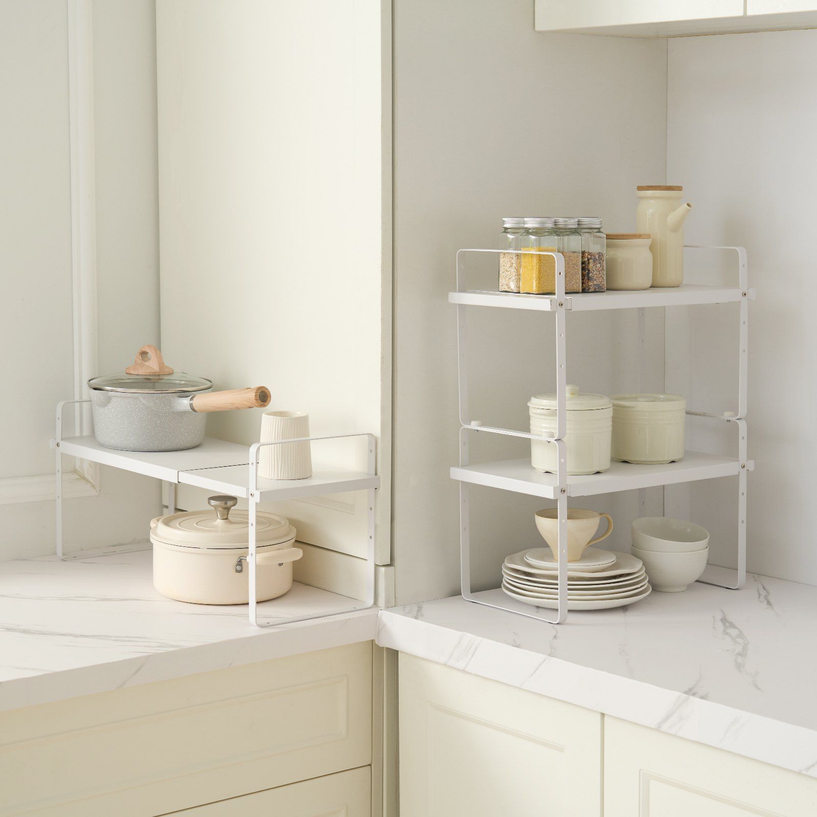 Adjustable Kitchen Cabinet Shelf Organizer, Expandable 2 Tier Cabinet Shelf, Stackable Countertop Organizers and Storage Shelf Risers, Pantry Organizers for Kitchen Bathroom Office, White - Image 8