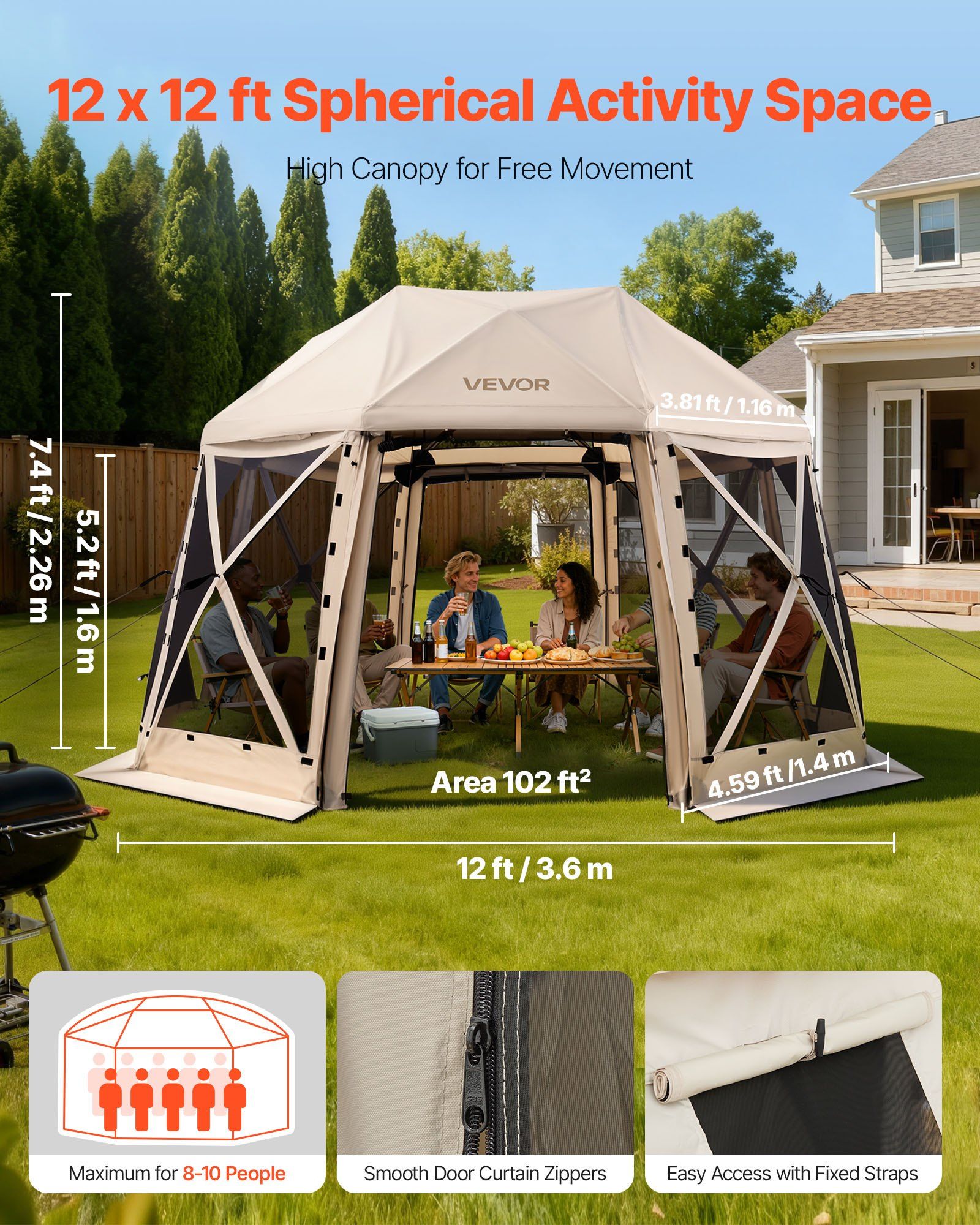 Pop up Gazebo Screen Tent, 3.6x3.6 m, 13-Sided Spherical Camping Canopy Tent with Removable Top & Carry Bag, Quick-Set & Bite-Proof, Screen House Sun Shelter for 8-10 Persons, Beige - Image 2