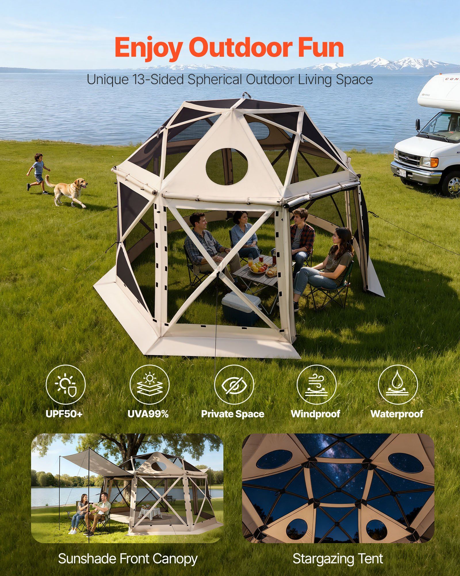 Pop up Gazebo Screen Tent, 3.6x3.6 m, 13-Sided Spherical Camping Canopy Tent with Removable Top & Carry Bag, Quick-Set & Bite-Proof, Screen House Sun Shelter for 8-10 Persons, Beige - Image 3