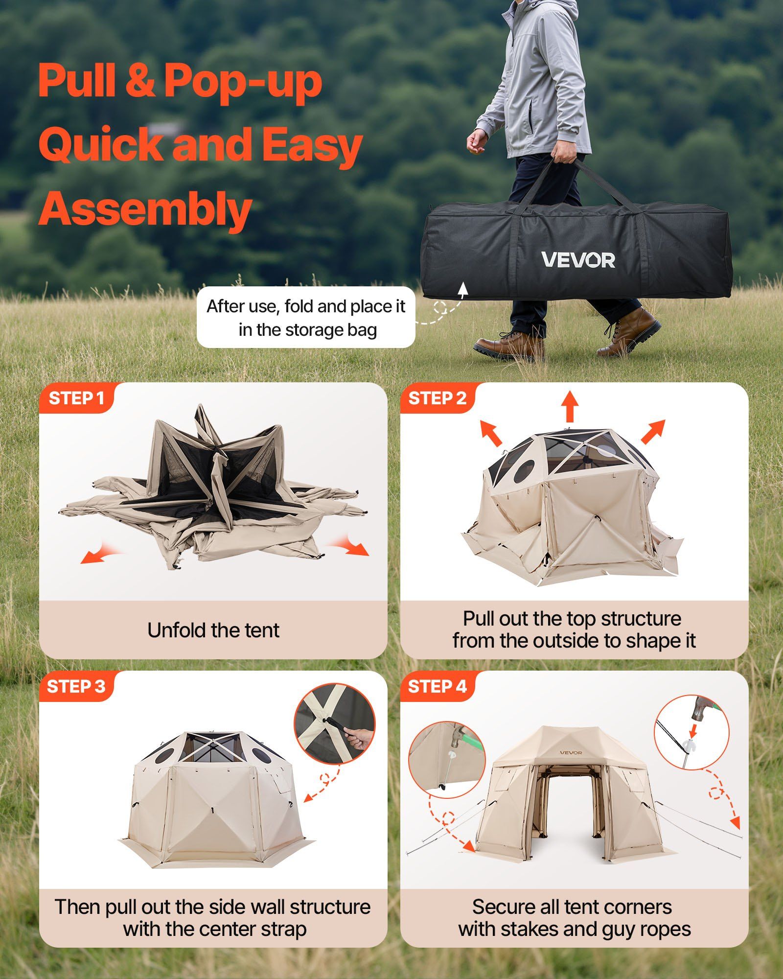 Pop up Gazebo Screen Tent, 3.6x3.6 m, 13-Sided Spherical Camping Canopy Tent with Removable Top & Carry Bag, Quick-Set & Bite-Proof, Screen House Sun Shelter for 8-10 Persons, Beige - Image 5