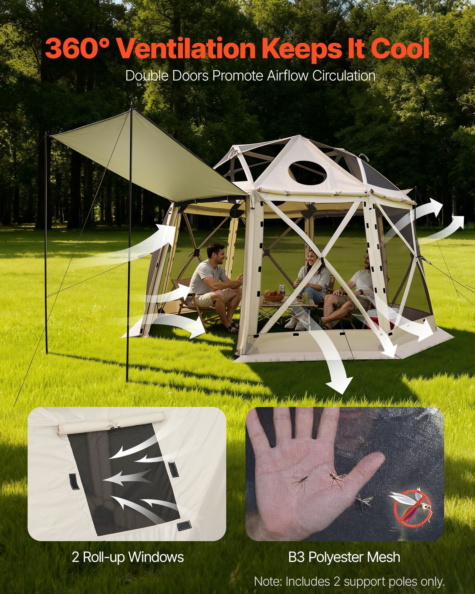 Pop up Gazebo Screen Tent, 3.6x3.6 m, 13-Sided Spherical Camping Canopy Tent with Removable Top & Carry Bag, Quick-Set & Bite-Proof, Screen House Sun Shelter for 8-10 Persons, Beige - Image 6