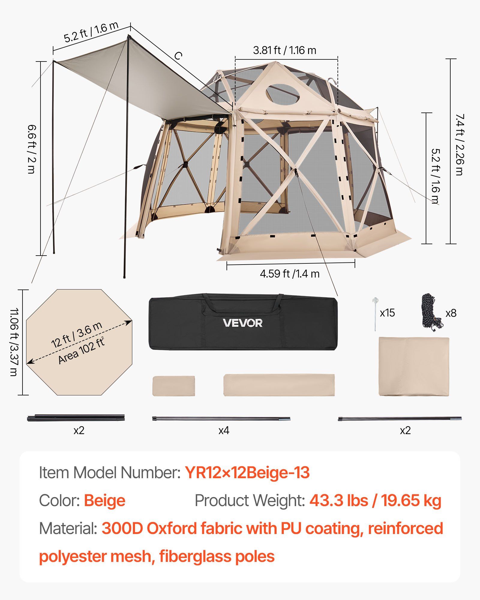 Pop up Gazebo Screen Tent, 3.6x3.6 m, 13-Sided Spherical Camping Canopy Tent with Removable Top & Carry Bag, Quick-Set & Bite-Proof, Screen House Sun Shelter for 8-10 Persons, Beige - Image 7
