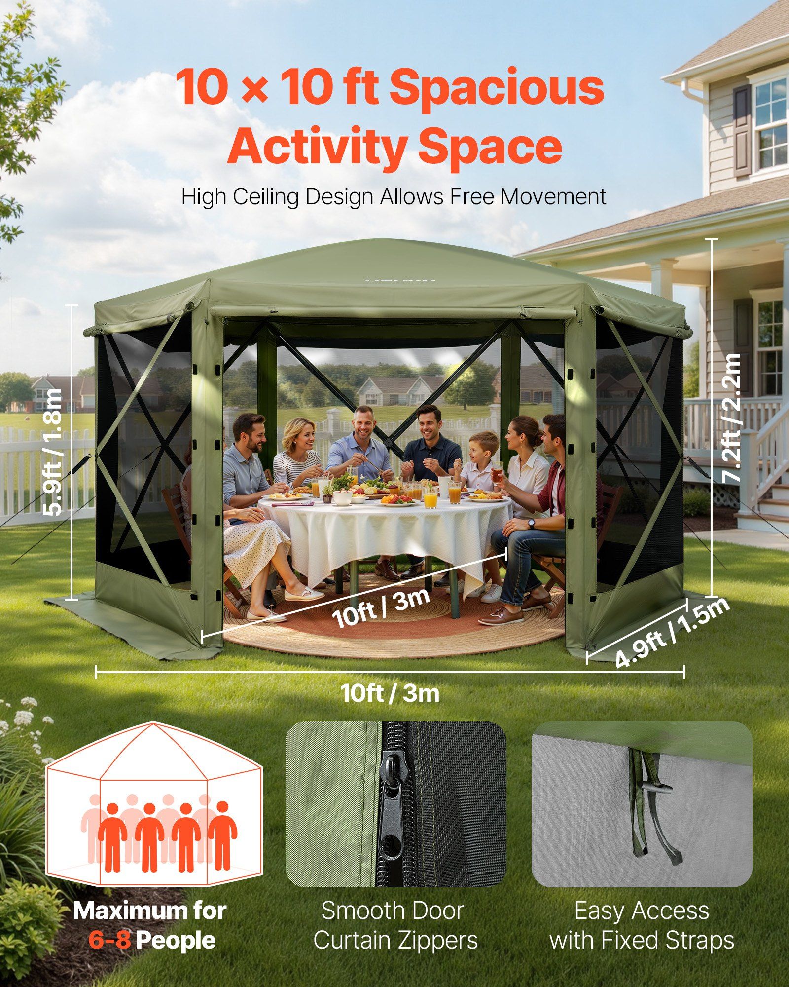 Pop up Gazebo Screen Tent, 3x3 m Large 6-Sided Camping Canopy Tent with Removable Top & Carry Bag, Quick-Set & Bite-Proof, Screen House Sun Shelter for 6-8 Persons Backyard Patio, Green - Image 2
