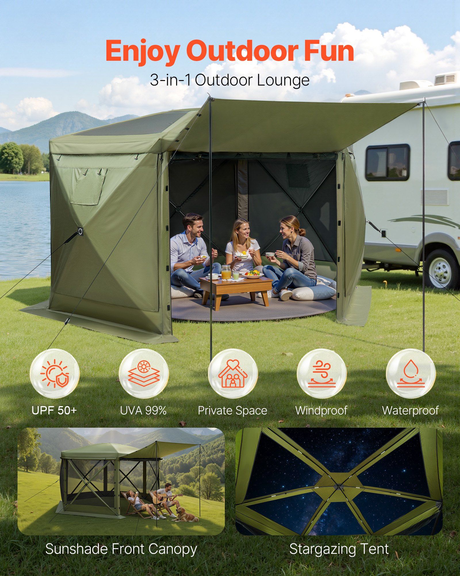 Pop up Gazebo Screen Tent, 3x3 m Large 6-Sided Camping Canopy Tent with Removable Top & Carry Bag, Quick-Set & Bite-Proof, Screen House Sun Shelter for 6-8 Persons Backyard Patio, Green - Image 3