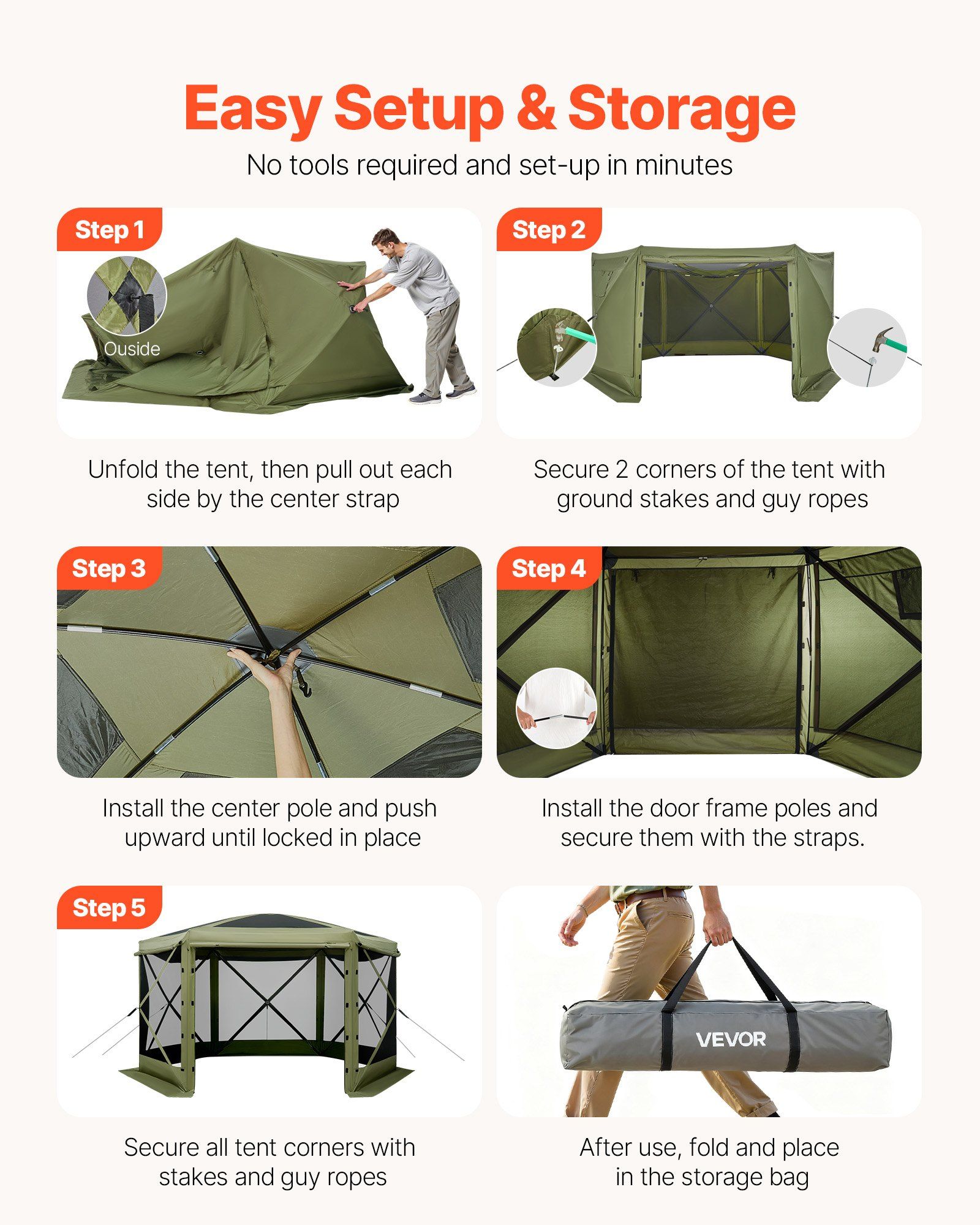 Pop up Gazebo Screen Tent, 3x3 m Large 6-Sided Camping Canopy Tent with Removable Top & Carry Bag, Quick-Set & Bite-Proof, Screen House Sun Shelter for 6-8 Persons Backyard Patio, Green - Image 5