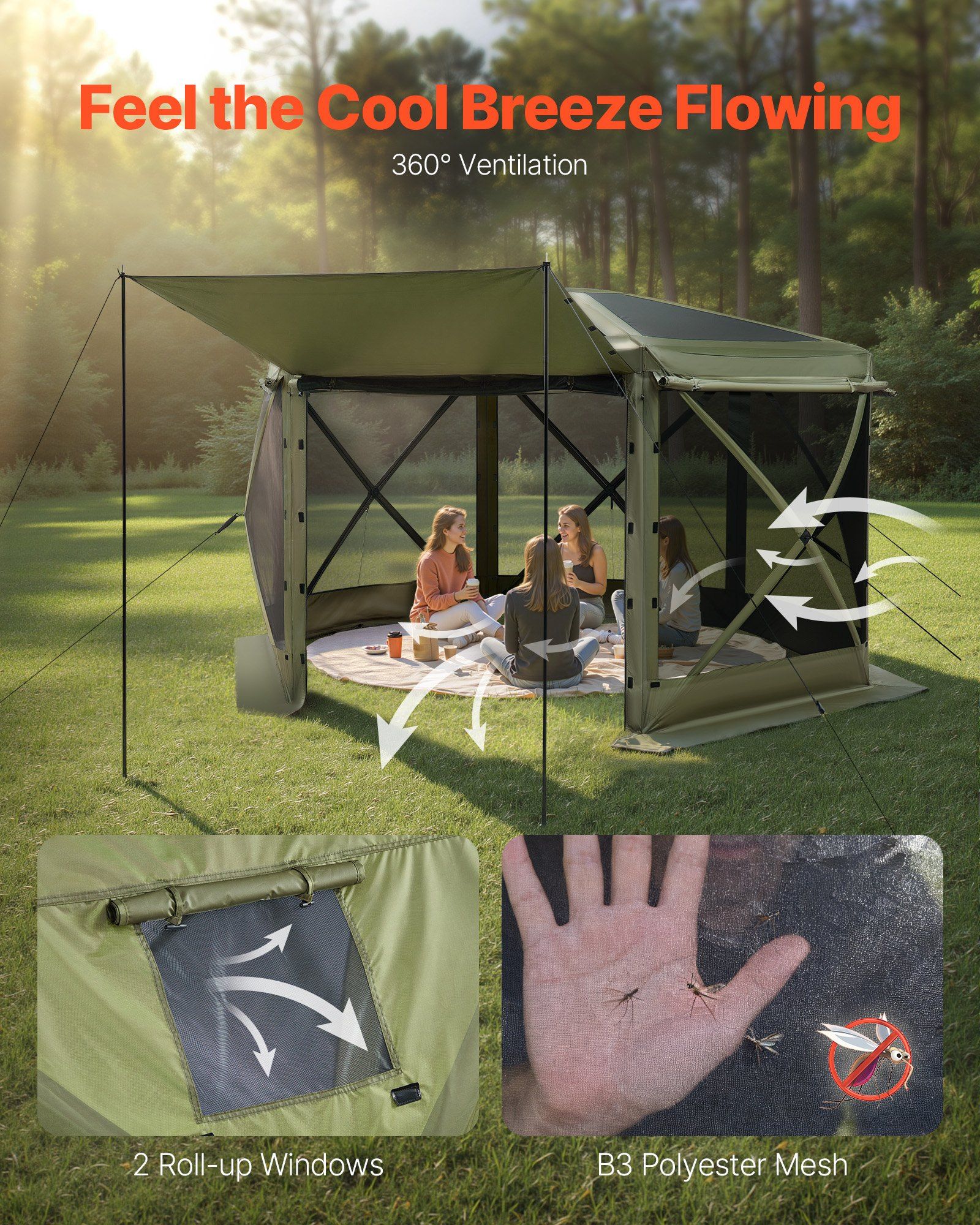 Pop up Gazebo Screen Tent, 3x3 m Large 6-Sided Camping Canopy Tent with Removable Top & Carry Bag, Quick-Set & Bite-Proof, Screen House Sun Shelter for 6-8 Persons Backyard Patio, Green - Image 6