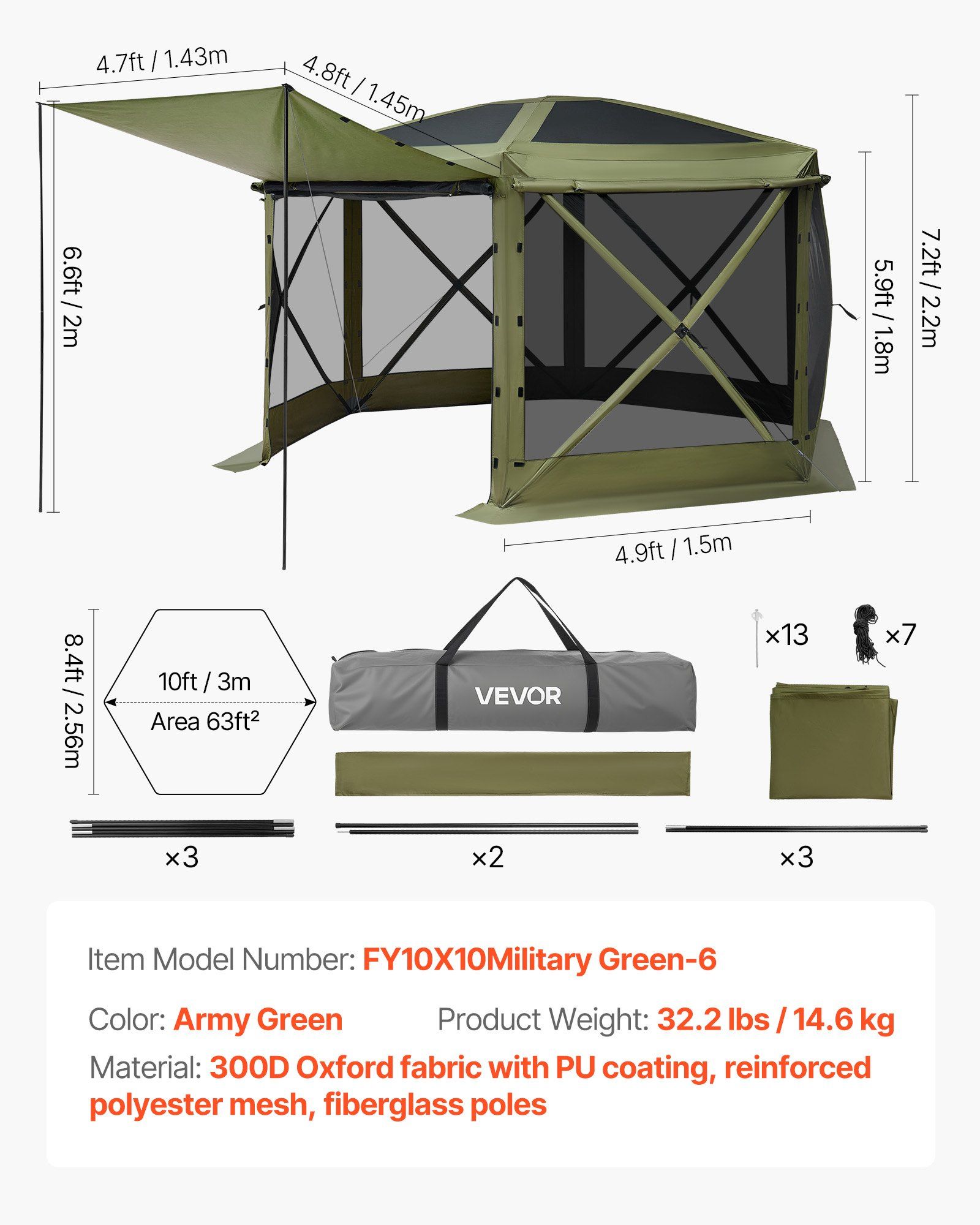 Pop up Gazebo Screen Tent, 3x3 m Large 6-Sided Camping Canopy Tent with Removable Top & Carry Bag, Quick-Set & Bite-Proof, Screen House Sun Shelter for 6-8 Persons Backyard Patio, Green - Image 7
