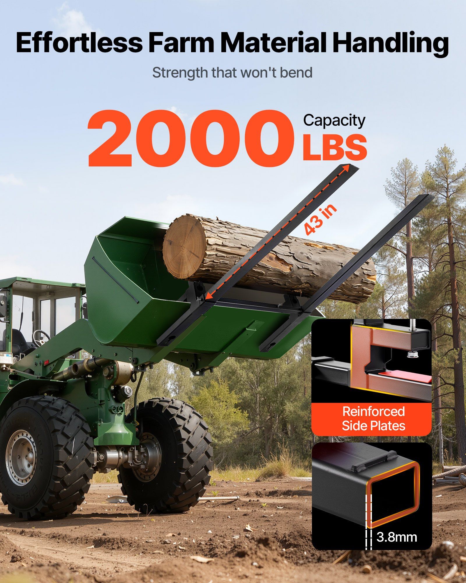 Pallet Forks, 907 kg Clamp on Pallet Forks, 149 cm Total Length Heavy-Duty Tractor Fork with Adjustable Stabilizer Bar for Tractor Attachments, Loader Bucket, and Skid Steer, Black - Image 2