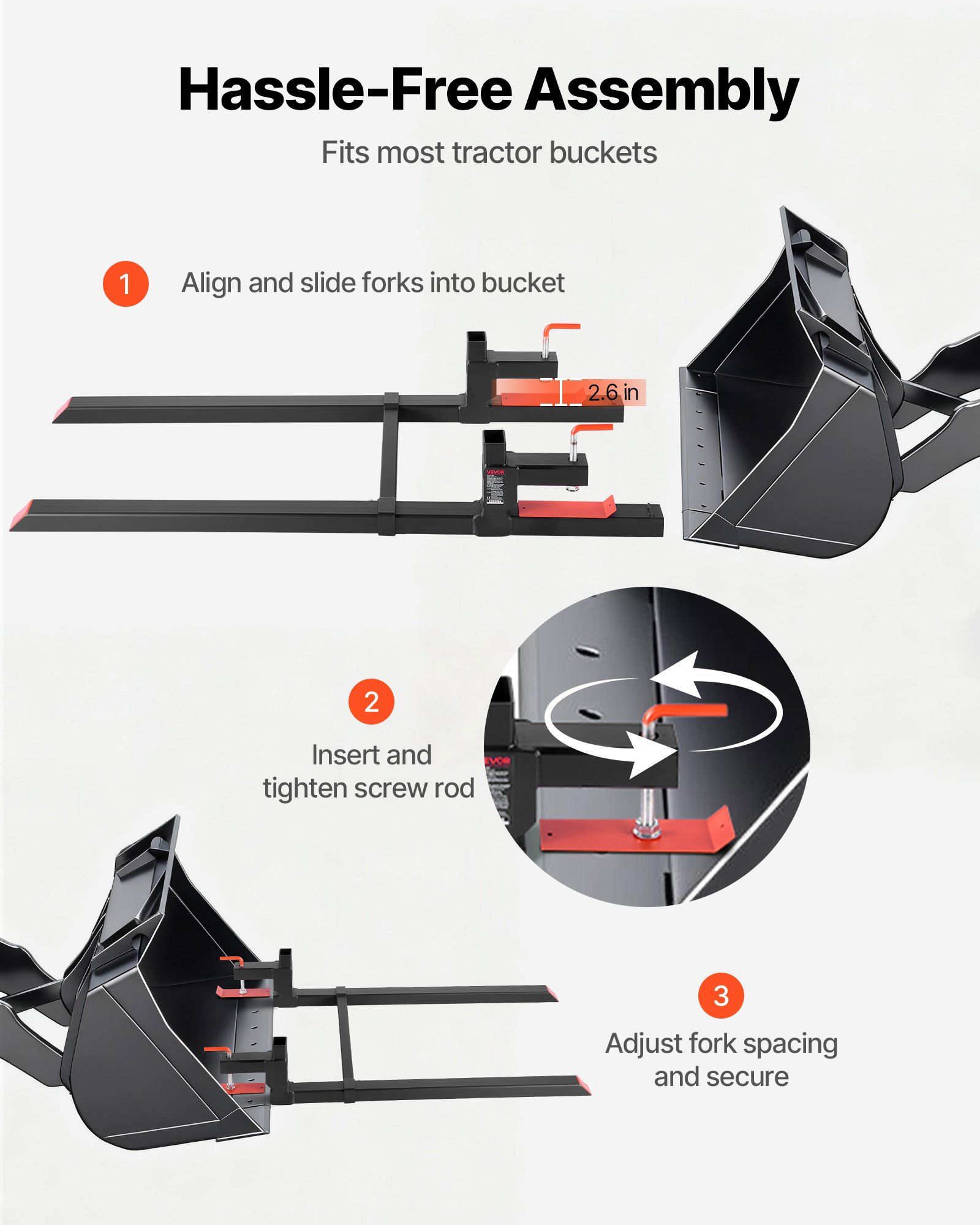 Pallet Forks, 907 kg Clamp on Pallet Forks, 149 cm Total Length Heavy-Duty Tractor Fork with Adjustable Stabilizer Bar for Tractor Attachments, Loader Bucket, and Skid Steer, Black - Image 5
