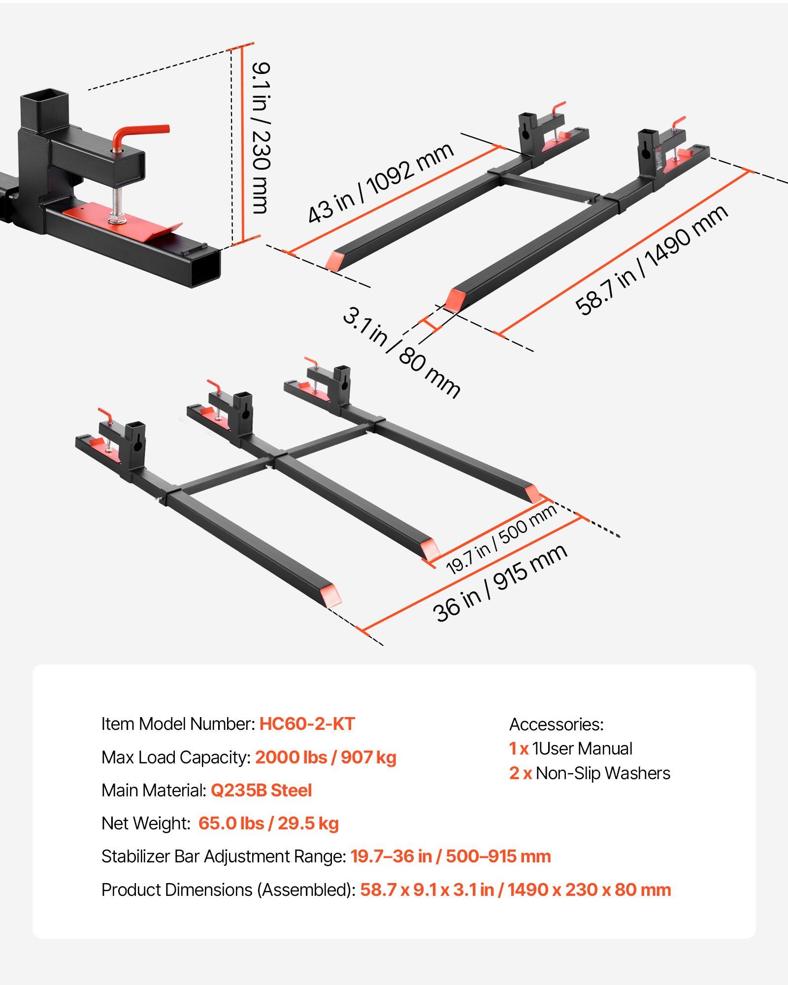 Pallet Forks, 907 kg Clamp on Pallet Forks, 149 cm Total Length Heavy-Duty Tractor Fork with Adjustable Stabilizer Bar for Tractor Attachments, Loader Bucket, and Skid Steer, Black - Image 7