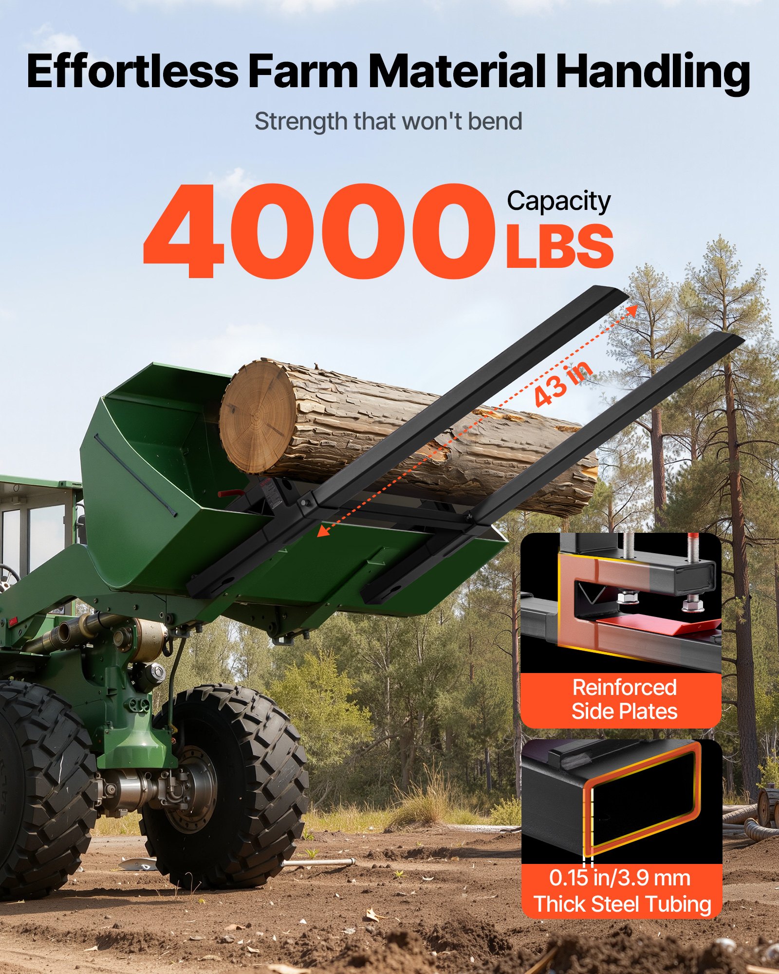 Pallet Forks, 1814 kg Clamp on Pallet Forks, 149 cm Total Length Heavy-Duty Tractor Fork with Adjustable Stabilizer Bar for Tractor Attachments, Loader Bucket, and Skid Steer, Black - Image 2