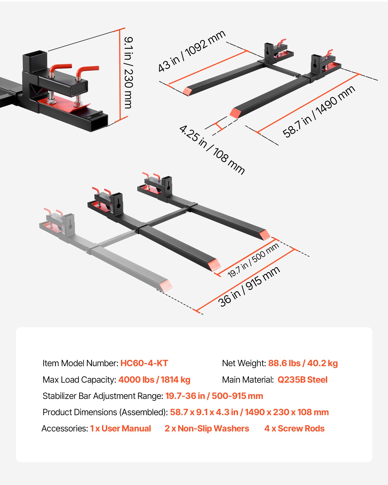 Pallet Forks, 1814 kg Clamp on Pallet Forks, 149 cm Total Length Heavy-Duty Tractor Fork with Adjustable Stabilizer Bar for Tractor Attachments, Loader Bucket, and Skid Steer, Black - Image 7