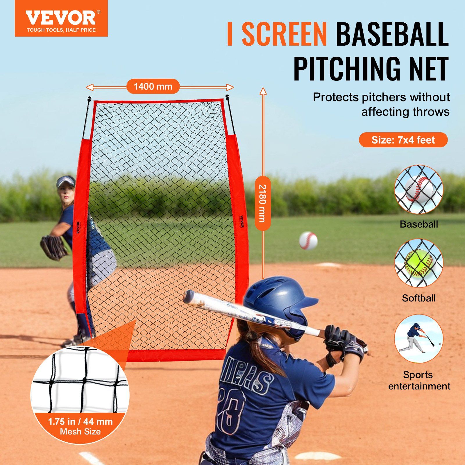 I Screen Baseball for Batting Cage, 7x4 ft Baseball & Softball Safety Screen, Body Protector Portable Batting Screen with Carry Bag & Ground Stakes, Baseball Pitching Net for Pitchers Protection - Image 2