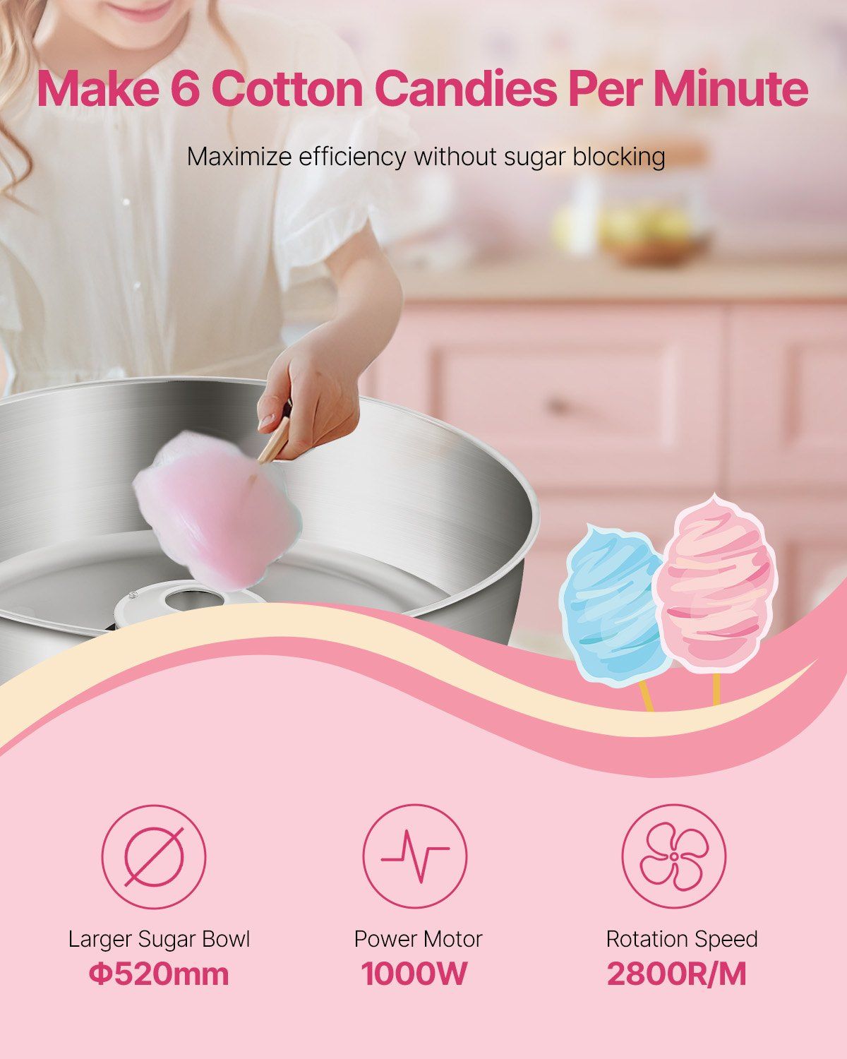 Electric Cotton Candy Machine, 1000W Commercial Candy Floss Maker with 52cm in Stainless Steel Bowl, Sugar Scoop, and Drawer, Easy Home Use, Perfect for Kids Birthday, Family Party, Blue - Image 2