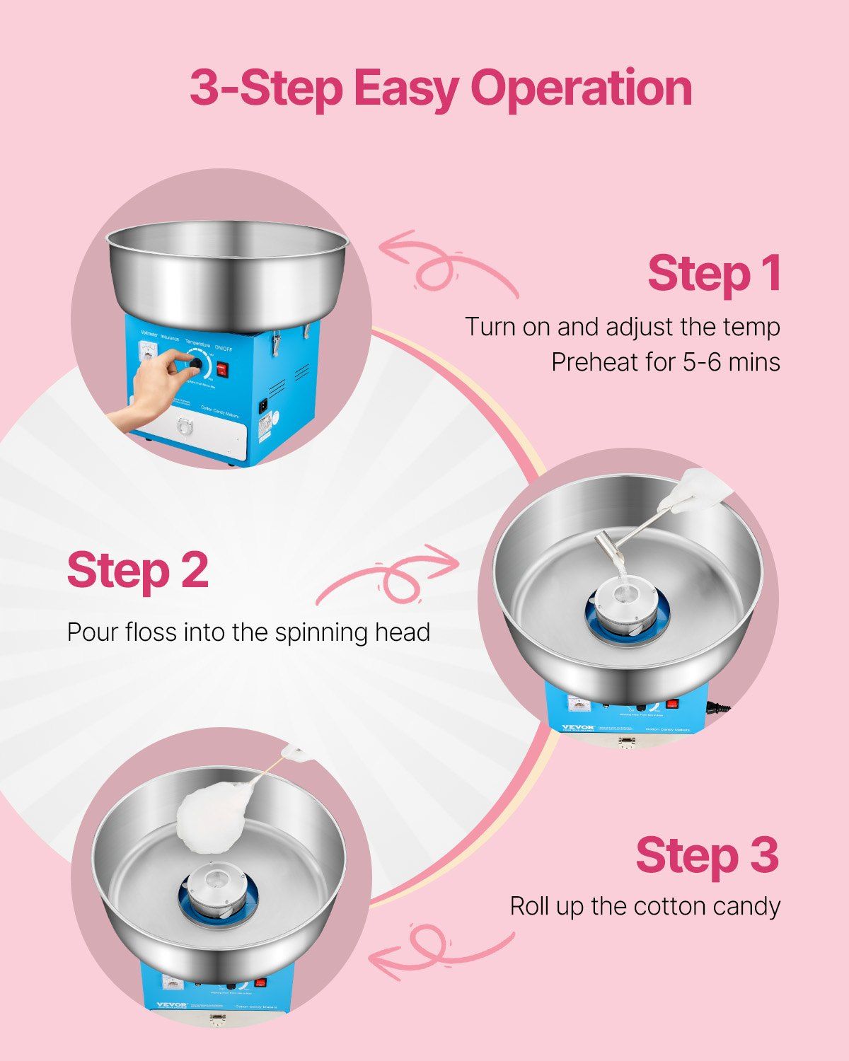 Electric Cotton Candy Machine, 1000W Commercial Candy Floss Maker with 52cm in Stainless Steel Bowl, Sugar Scoop, and Drawer, Easy Home Use, Perfect for Kids Birthday, Family Party, Blue - Image 3
