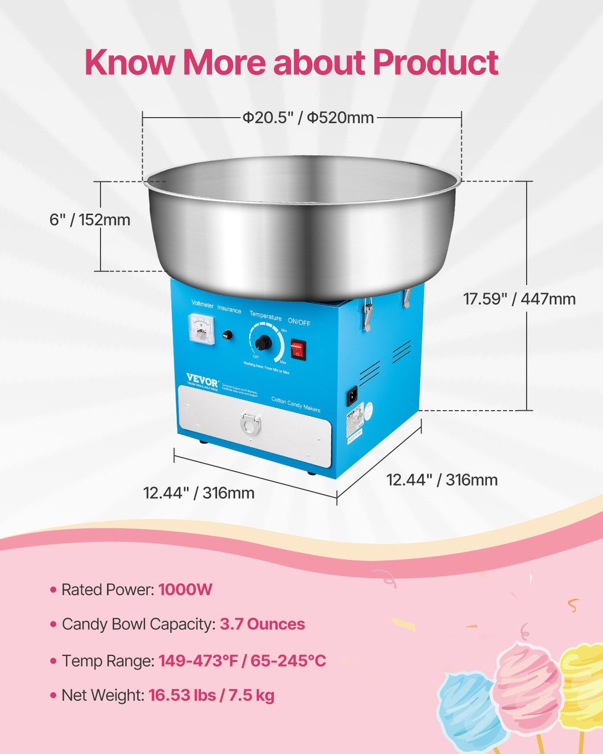 Electric Cotton Candy Machine, 1000W Commercial Candy Floss Maker with 52cm in Stainless Steel Bowl, Sugar Scoop, and Drawer, Easy Home Use, Perfect for Kids Birthday, Family Party, Blue - Image 7