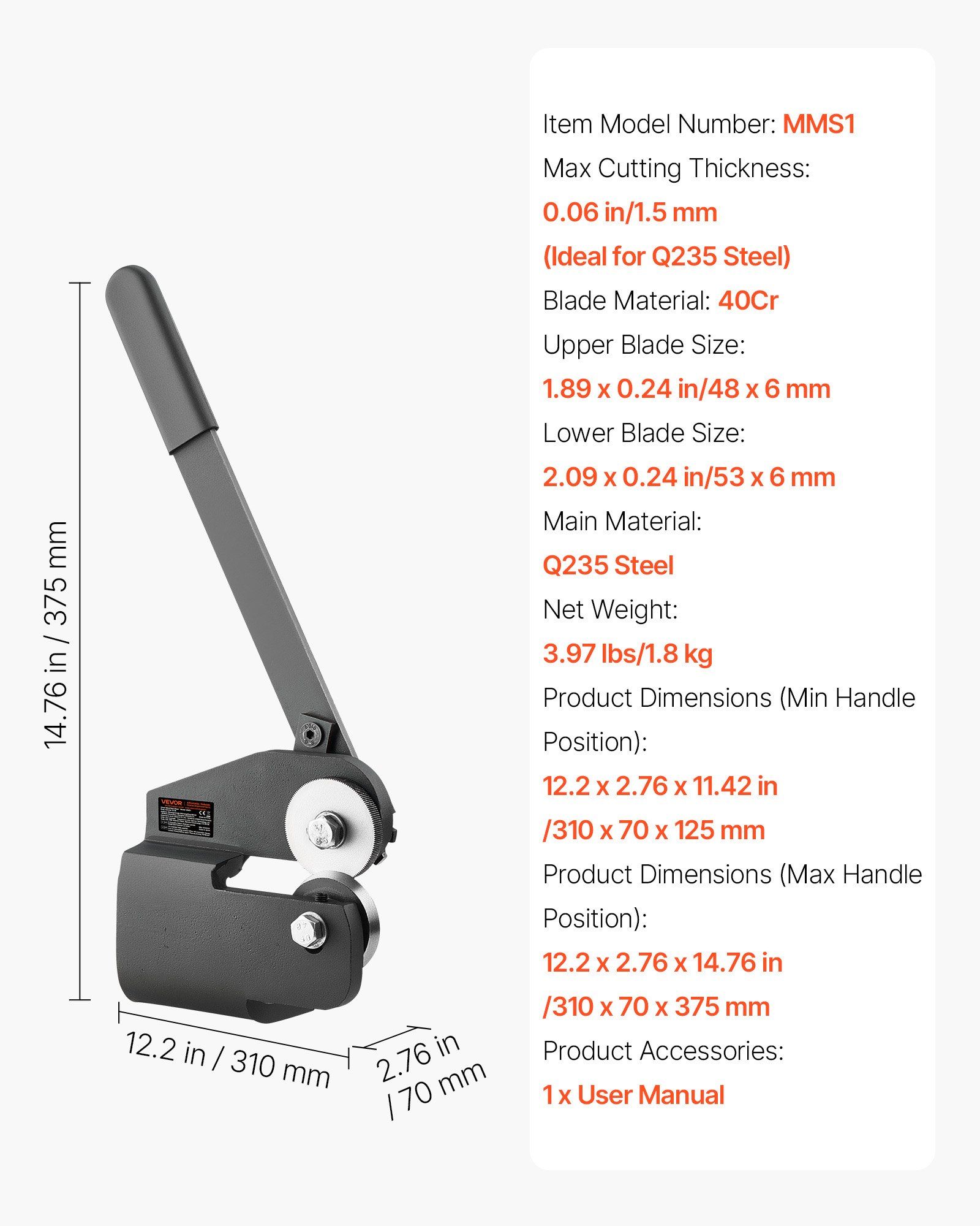 Sheet Metal Shear, Throatless Rotary Hand Shear, 16 Gauge Mild Steel Sheet Cutter with 1.5 mm Capacity, with Solid Construction, Mounting Type, for Cutting Steel, Copper, Rebar, and Aluminum - Image 7