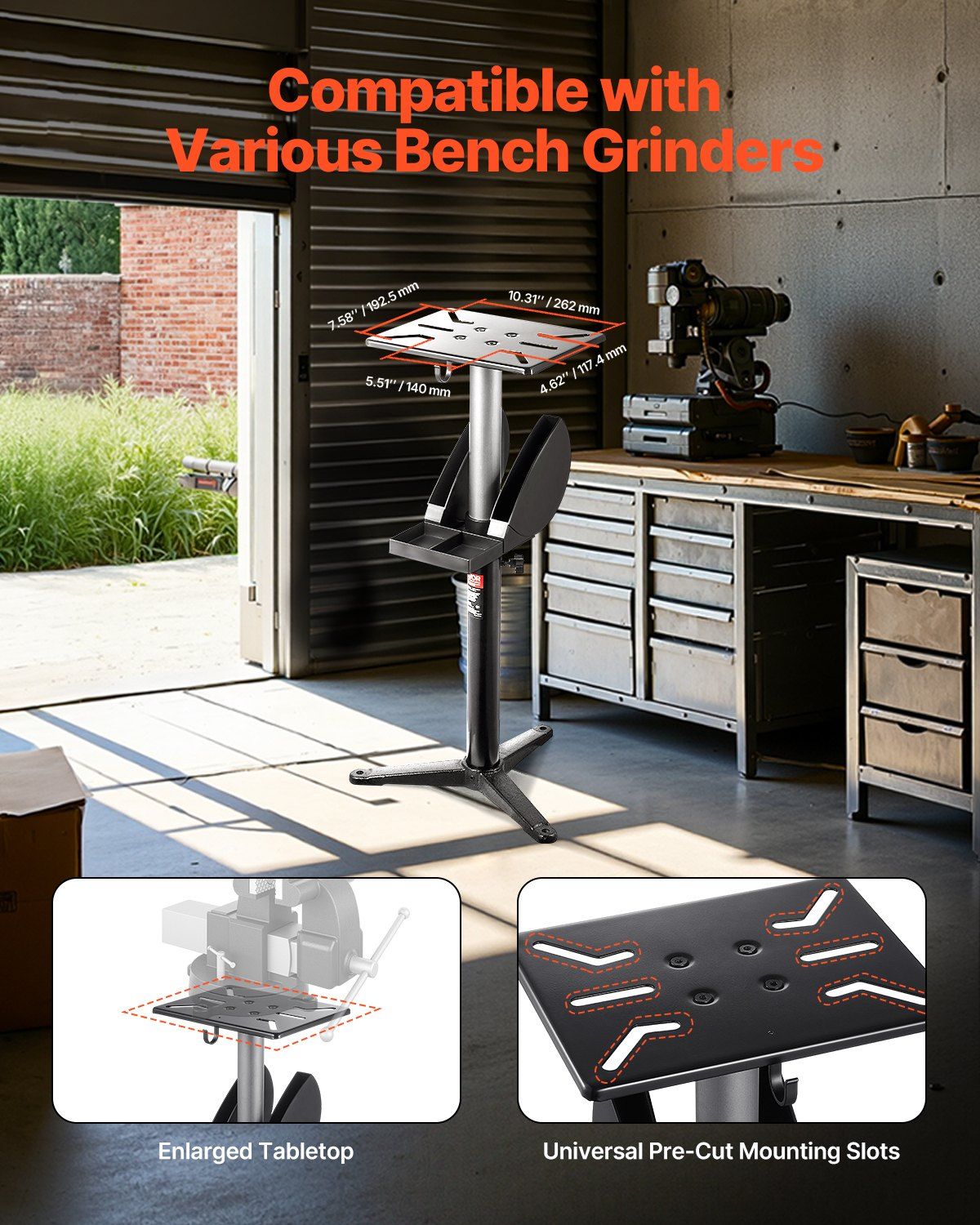 Bench Grinder Stand, Bench Grinder Vise Floor Pedestal with 31.5 x 25.4 cm Mounting Plate, Height-Adjustable Pedestal Stand with Grinding Wheel Storage Compartment & Heavy-Duty Cast Iron Base - Image 2