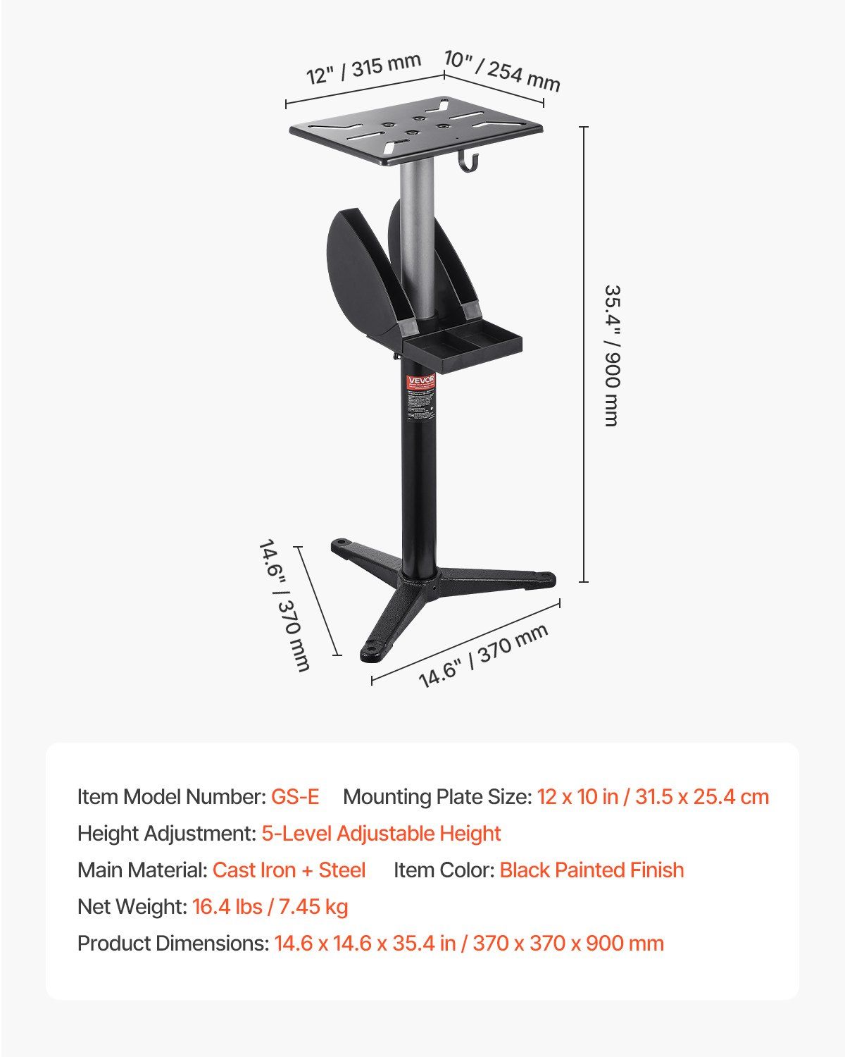 Bench Grinder Stand, Bench Grinder Vise Floor Pedestal with 31.5 x 25.4 cm Mounting Plate, Height-Adjustable Pedestal Stand with Grinding Wheel Storage Compartment & Heavy-Duty Cast Iron Base - Image 7
