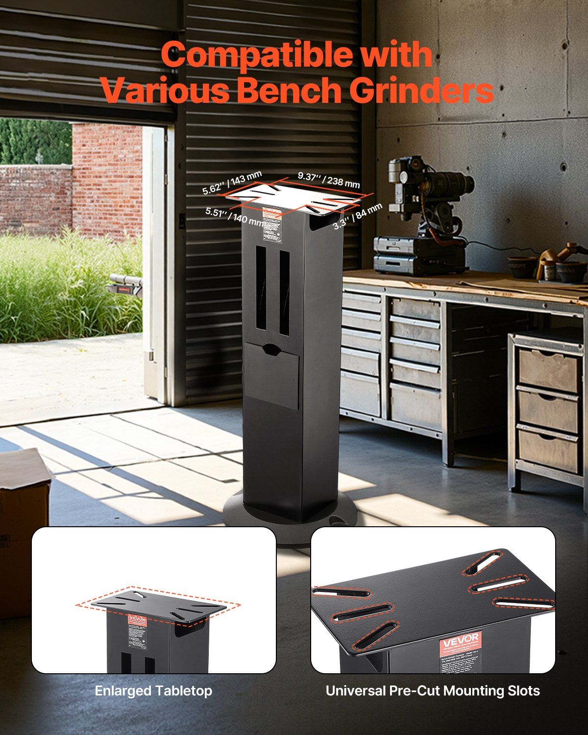 Bench Grinder Stand, Heavy-Duty Grinder and Vise Floor Pedestal with 28 x 17 cm Mounting Plate, Grinding Wheel Storage Compartments & Cast Iron Base, Compatible with Most Bench Grinders - Image 2