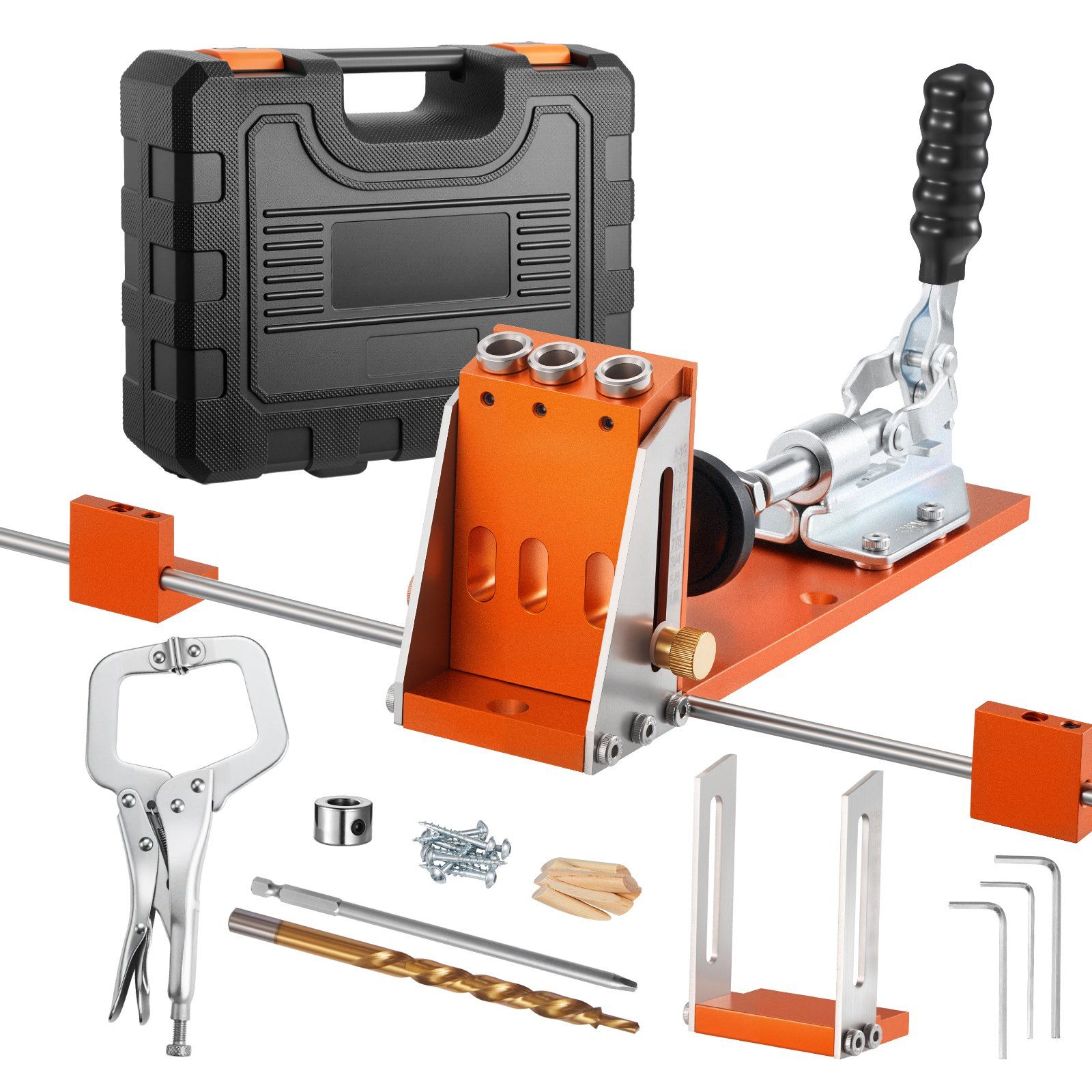 Pocket Hole Jig Kit, 12.7 to 38.1 mm Adjustable, Jig Pocket Hole System with Toolcase, C-Clamp, Step Drill, Hex Wrench, Drill Stop Ring, Square Drive Bit, Reinforced Metal Frame, for Woodworking - Image 1