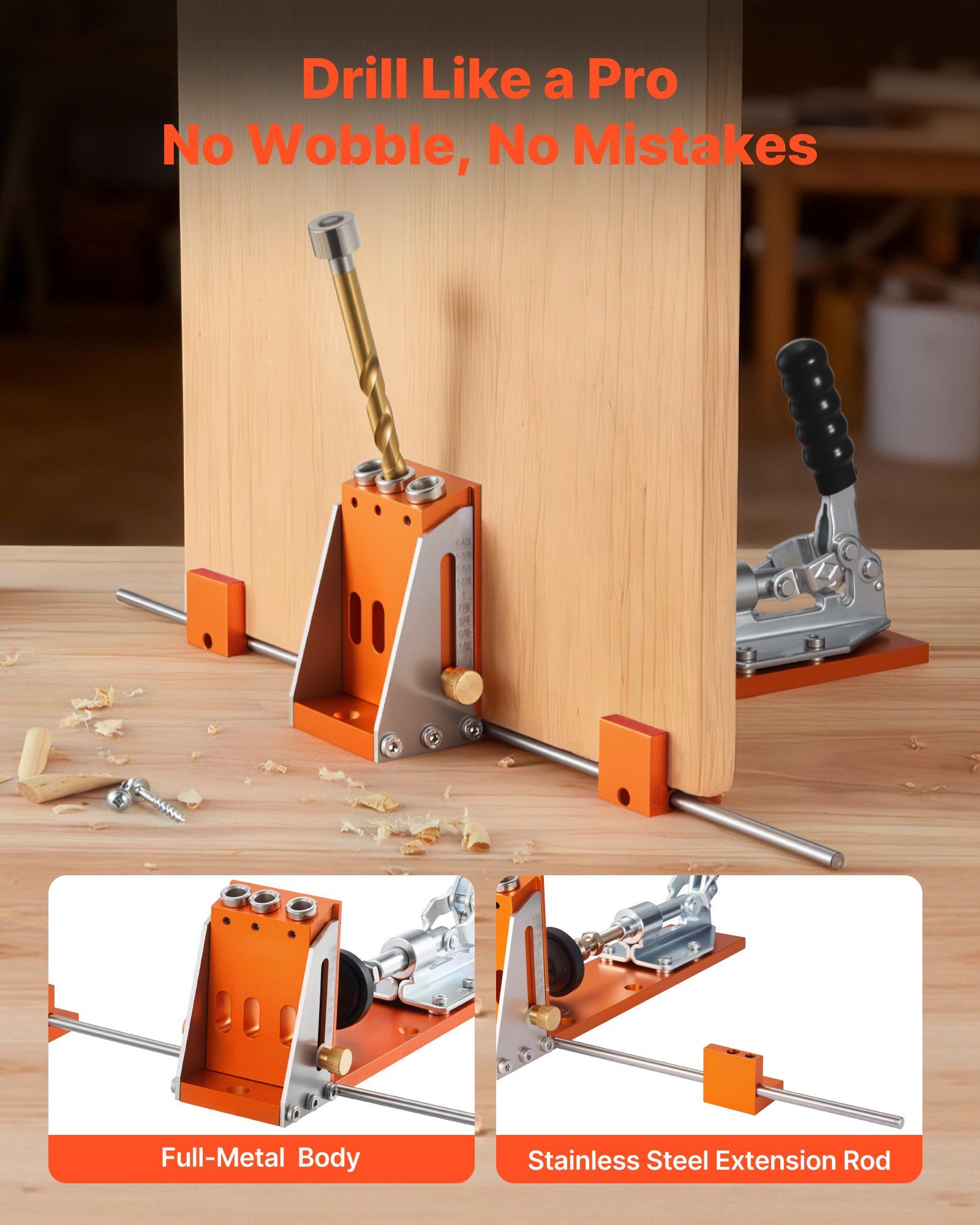 Pocket Hole Jig Kit, 12.7 to 38.1 mm Adjustable, Jig Pocket Hole System with Toolcase, C-Clamp, Step Drill, Hex Wrench, Drill Stop Ring, Square Drive Bit, Reinforced Metal Frame, for Woodworking - Image 2