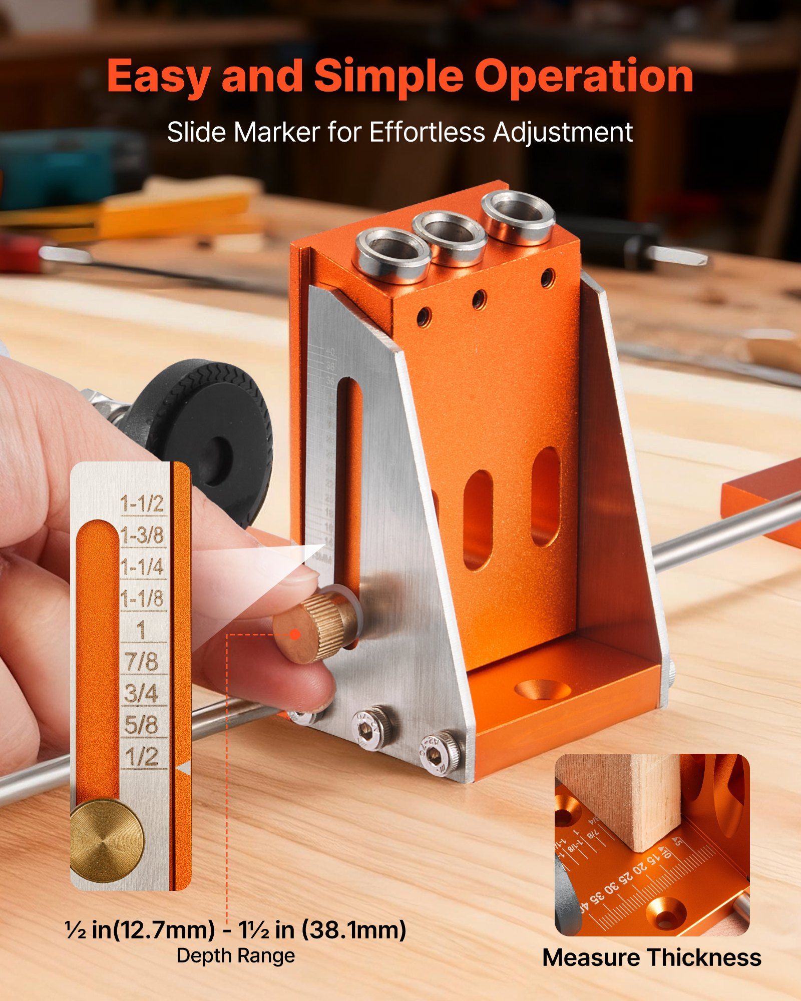Pocket Hole Jig Kit, 12.7 to 38.1 mm Adjustable, Jig Pocket Hole System with Toolcase, C-Clamp, Step Drill, Hex Wrench, Drill Stop Ring, Square Drive Bit, Reinforced Metal Frame, for Woodworking - Image 3