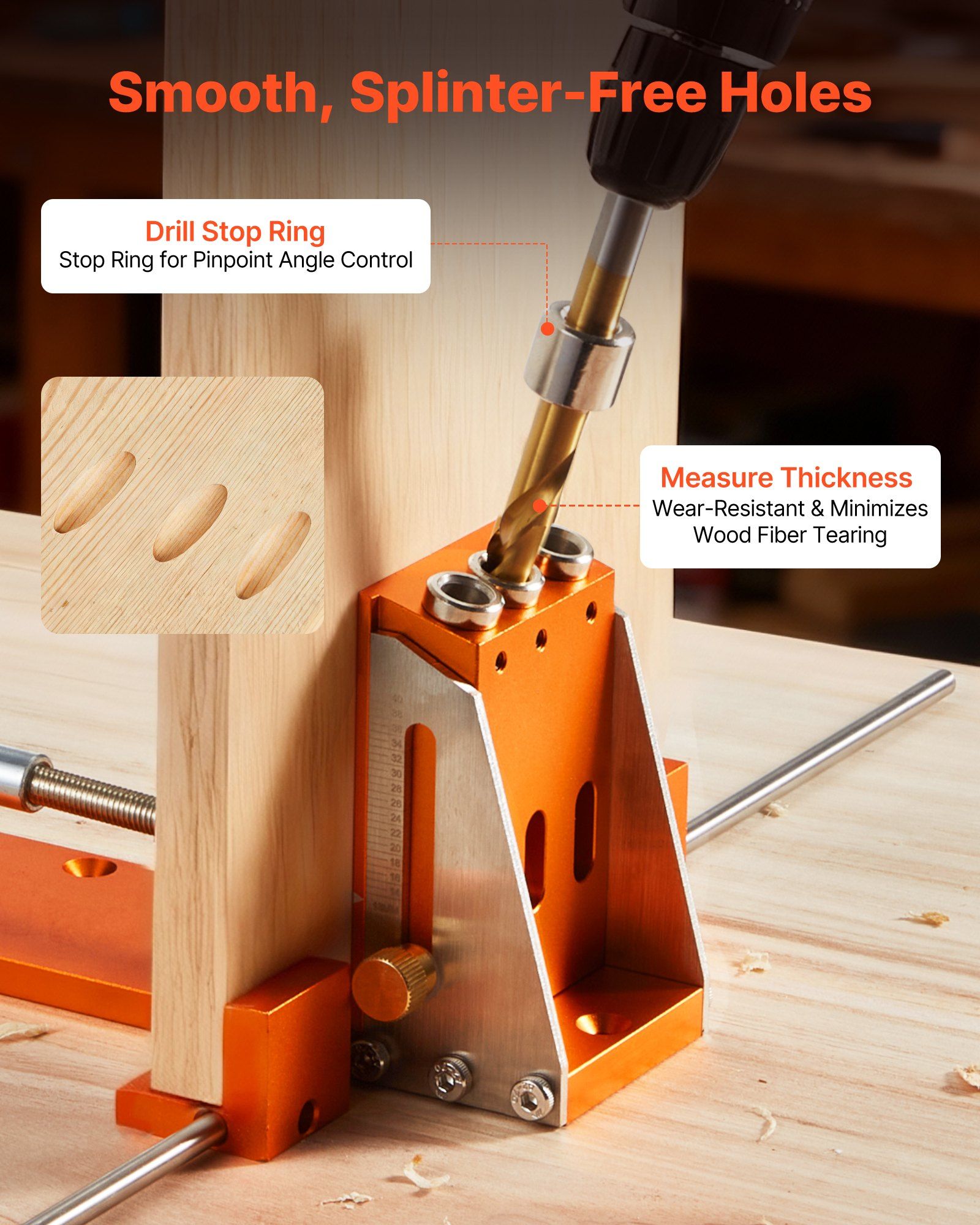 Pocket Hole Jig Kit, 12.7 to 38.1 mm Adjustable, Jig Pocket Hole System with Toolcase, C-Clamp, Step Drill, Hex Wrench, Drill Stop Ring, Square Drive Bit, Reinforced Metal Frame, for Woodworking - Image 4