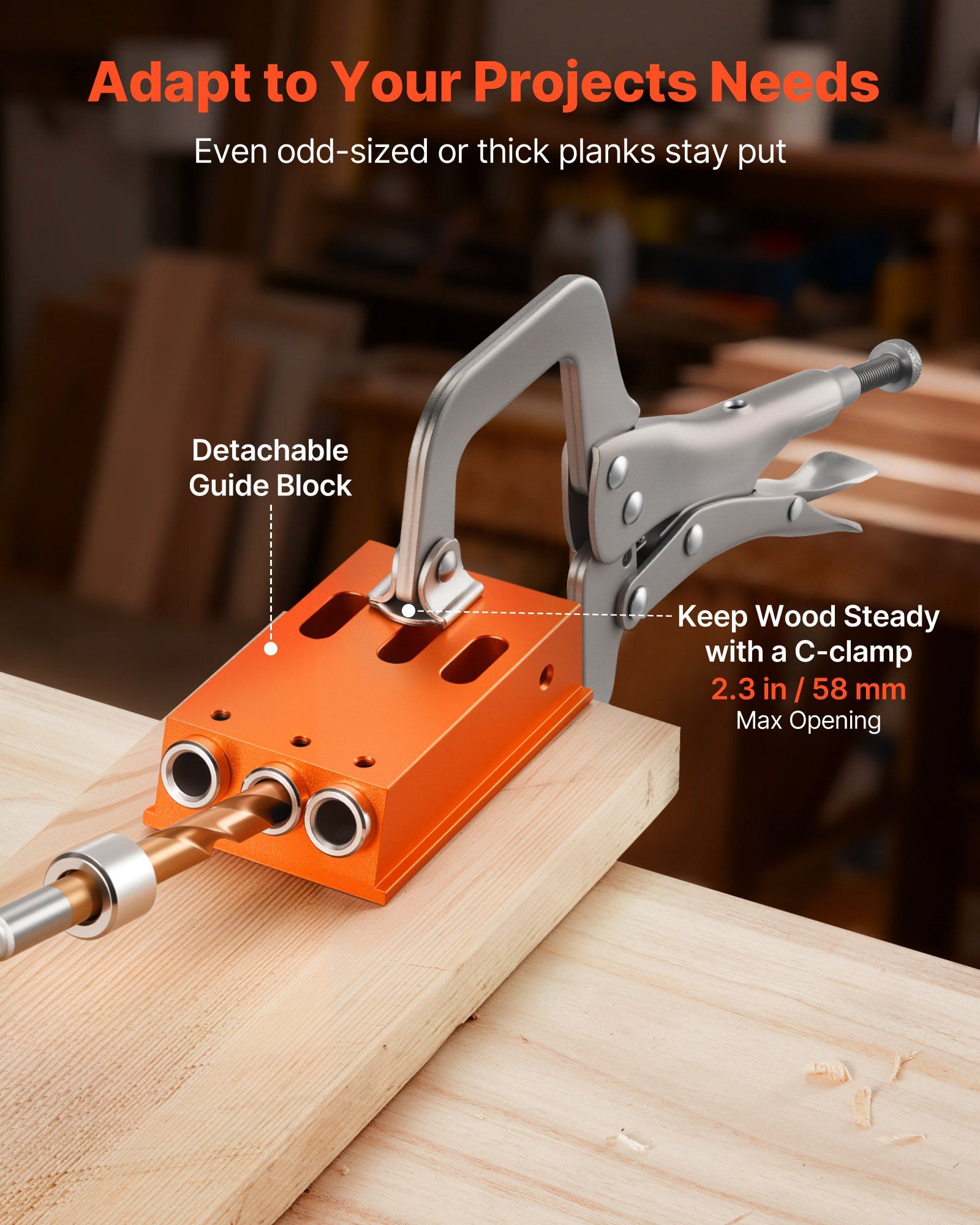 Pocket Hole Jig Kit, 12.7 to 38.1 mm Adjustable, Jig Pocket Hole System with Toolcase, C-Clamp, Step Drill, Hex Wrench, Drill Stop Ring, Square Drive Bit, Reinforced Metal Frame, for Woodworking - Image 5