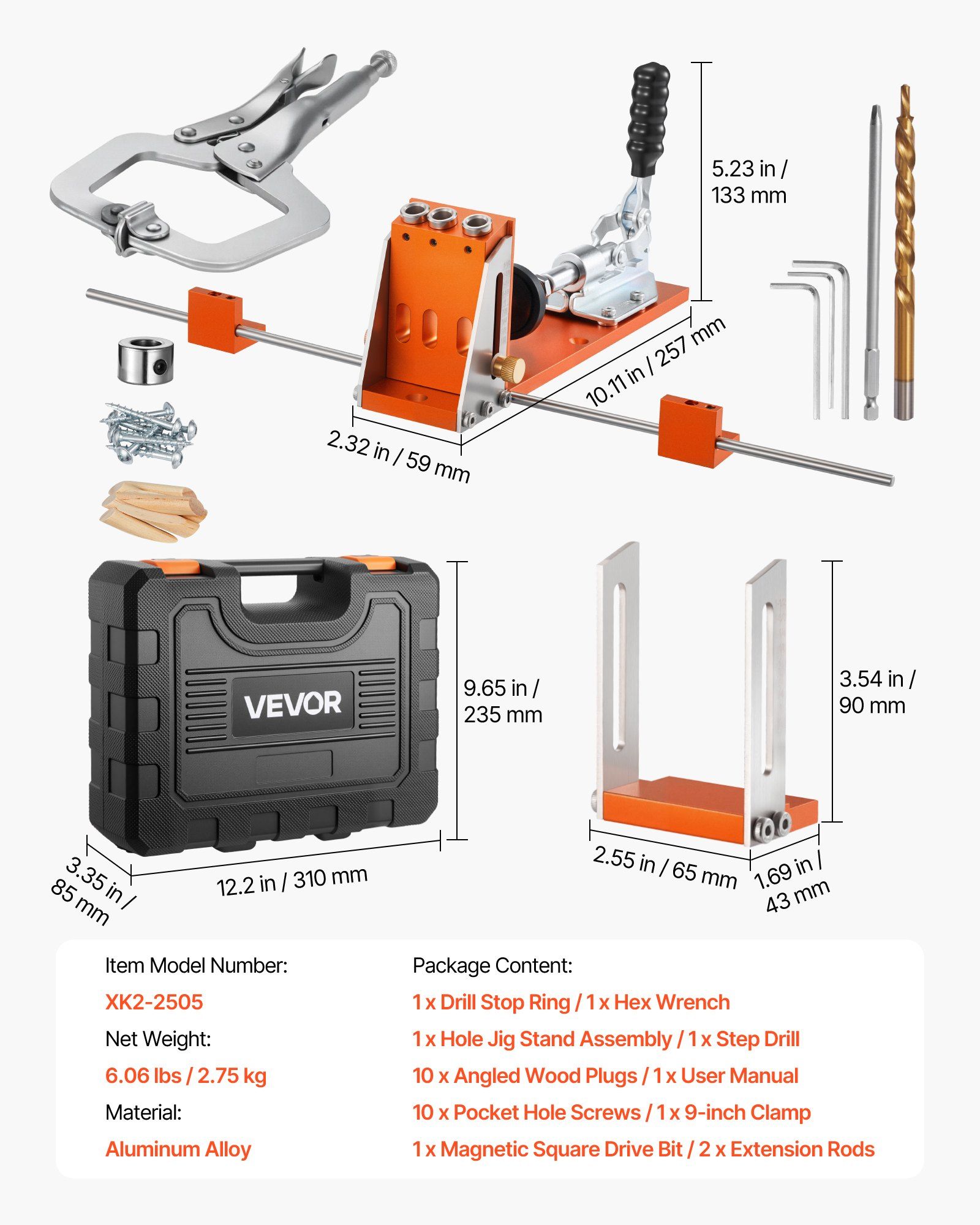 Pocket Hole Jig Kit, 12.7 to 38.1 mm Adjustable, Jig Pocket Hole System with Toolcase, C-Clamp, Step Drill, Hex Wrench, Drill Stop Ring, Square Drive Bit, Reinforced Metal Frame, for Woodworking - Image 7