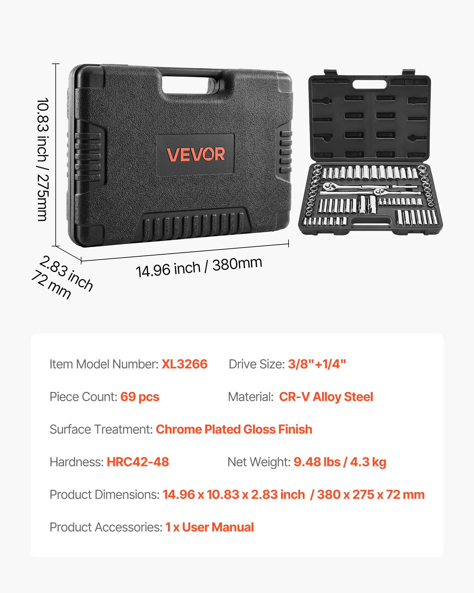 Socket Set, 69 Pieces, 9.5 & 6.4 mm Drive Socket and Ratchet Set, SAE and Metric, Deep and Standard, Mechanic Tool Kit with Accessories and Storage Case, CR-V Alloy Steel, for Auto Repair - Image 7