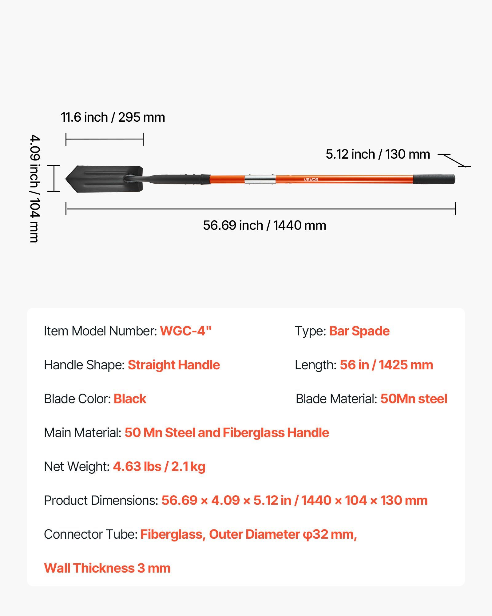 Trench Shovel, 10.4 cm Blade Heavy-Duty Trenching Shovel, Narrow Spade Trench Digger with Fiberglass Handle and Non-Slip Grip, for Gardening, Digging Holes, Trenching, and Planting, 142.5 cm - Image 7