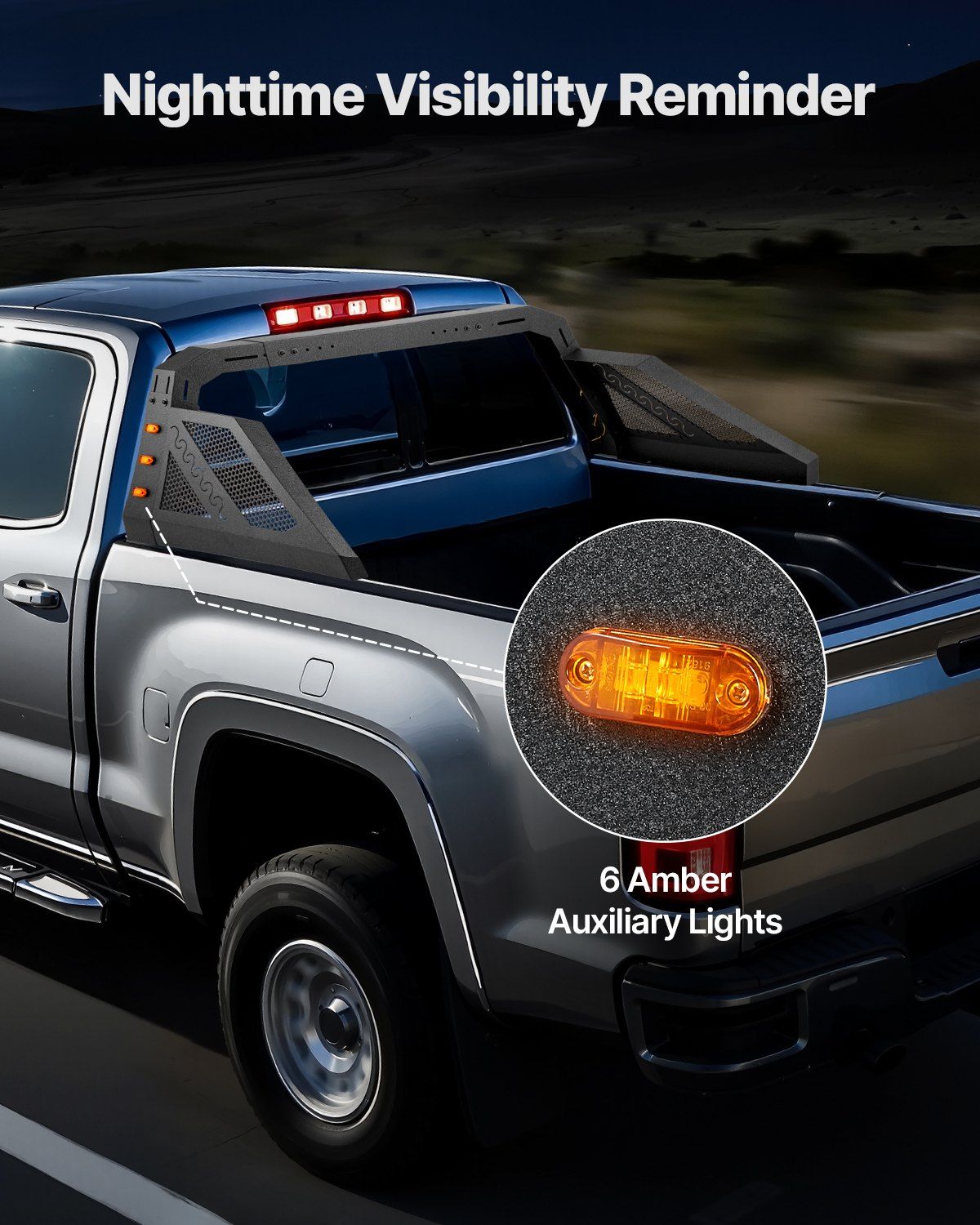 Truck Bed Roll Bar, Universal Pickup Sport Adjustable Bar Chase Rack Compatible with Full-Size Truck, Carbon Steel Construction with 6 Amber Auxiliary Lights, No Rack Included - Image 4