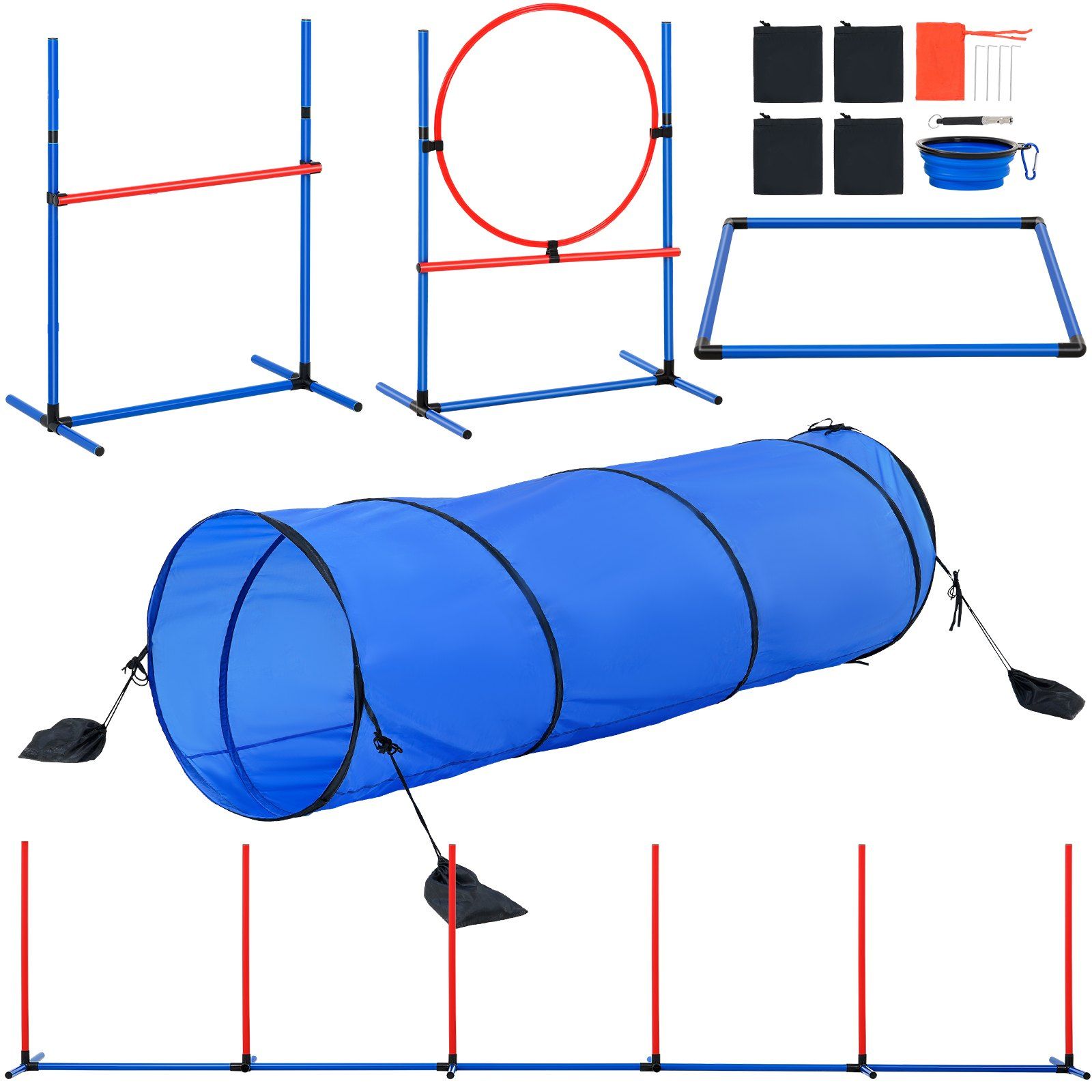 Dog Agility Training Equipment, 5 PCS Set with Adjustable High Hurdles,6 Weave Poles, Tunnel, Jump Ring, Pause Box, Whistle, Foldable Bowl, Puppy Obstacle Course Kit with Storage Bags - Image 1